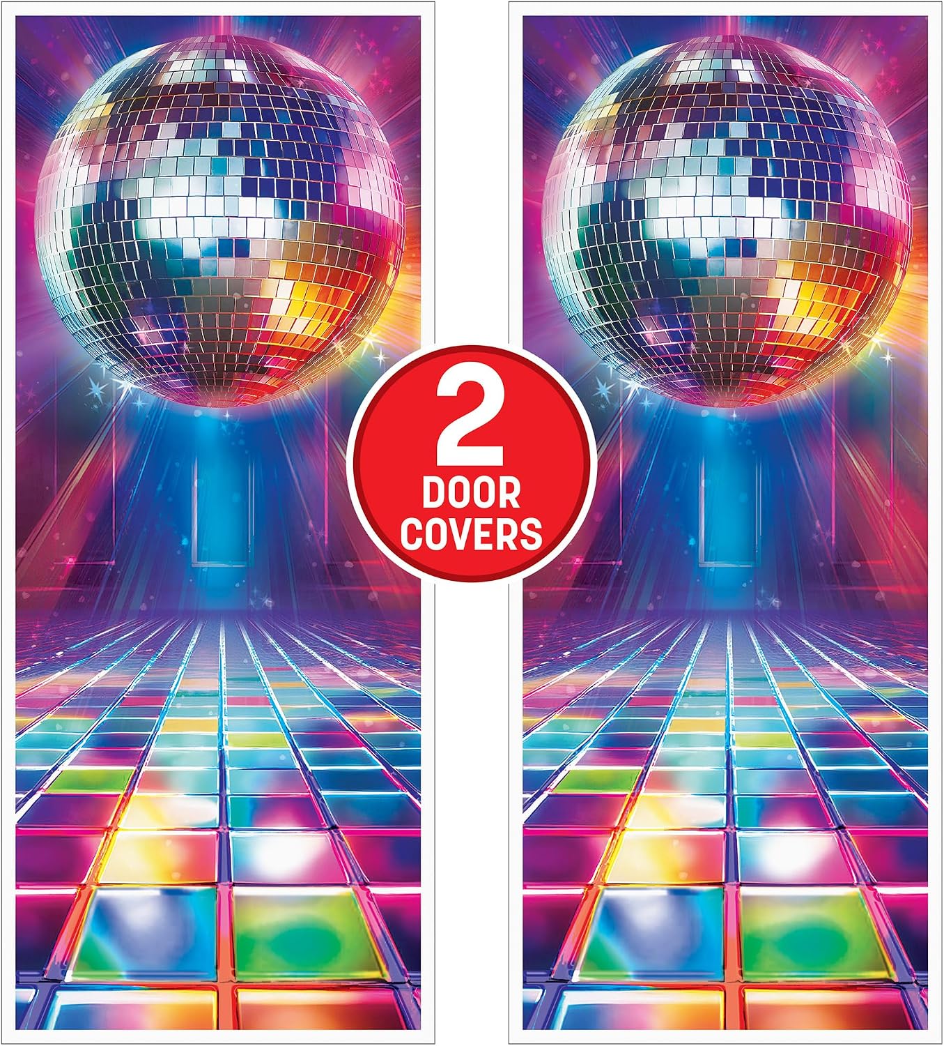 Beistle Disco Door Cover – 2 Pack, Retro 70s Theme Party Decorations, Colorful Dance Floor and Disco Ball Fever Design, Wall Backdrop for Birthday Parties, New Years Eve Events, All-Weather, 6’ x 30” image 4