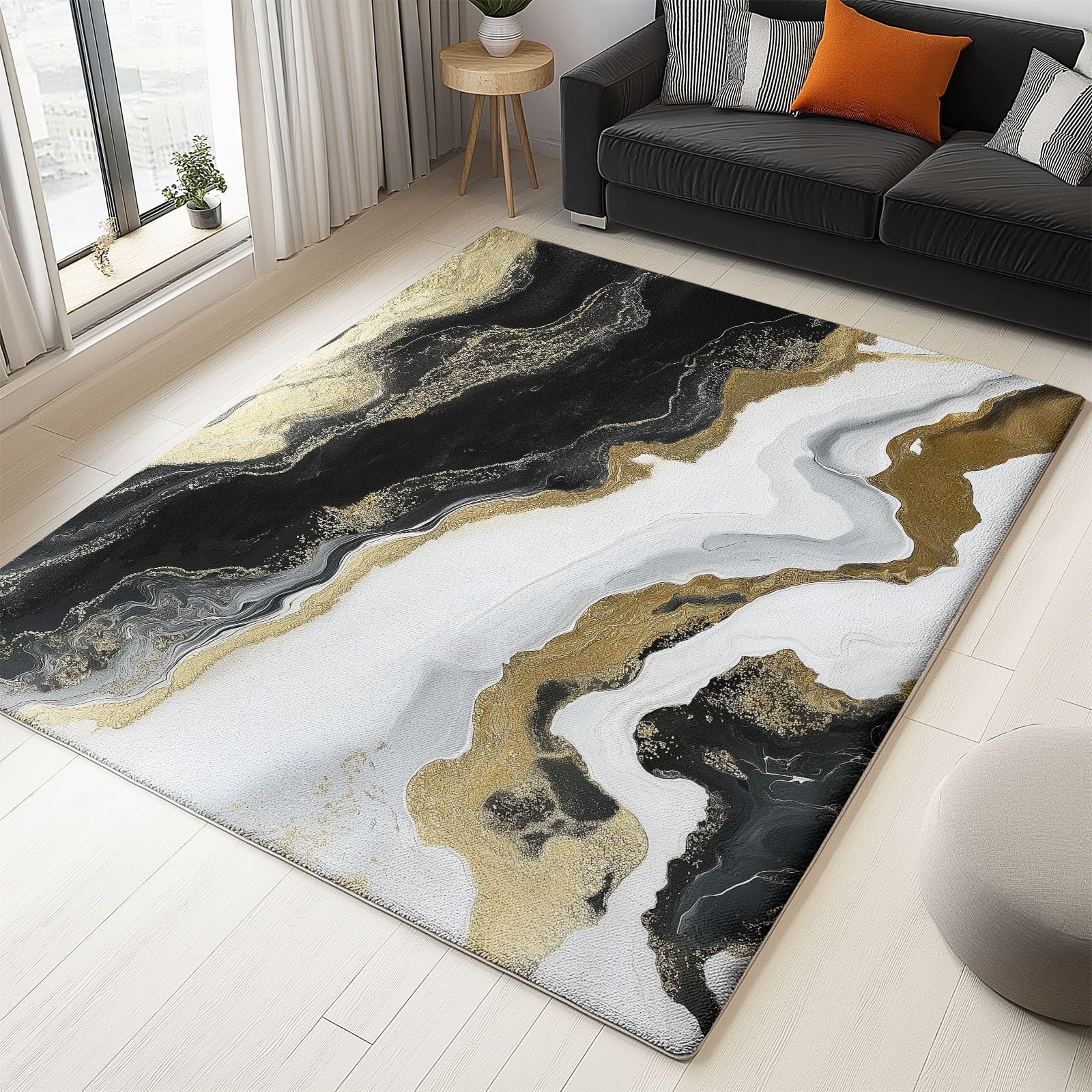 Oro Negro Alfombras Salón Mármol Abstracto Fluido Alfombras Super Suaves De La Pelusa Alfombras Lavables Y Antideslizante Alfombra Grande para Interiores Estar Habitación 180X270Cm
