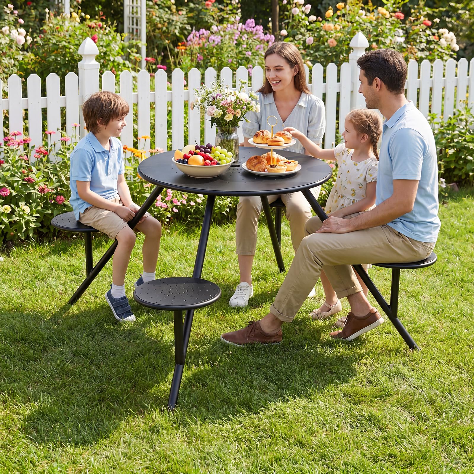 COSTWAY Set Tavolo e 4 Sedie da Campeggio, Foro Ombrellone, Metallo Zincato | Tavolo da Giardino per Cortile e Patio, Set Mobili da Pranzo Completo, 168 x 168 x 73 cm