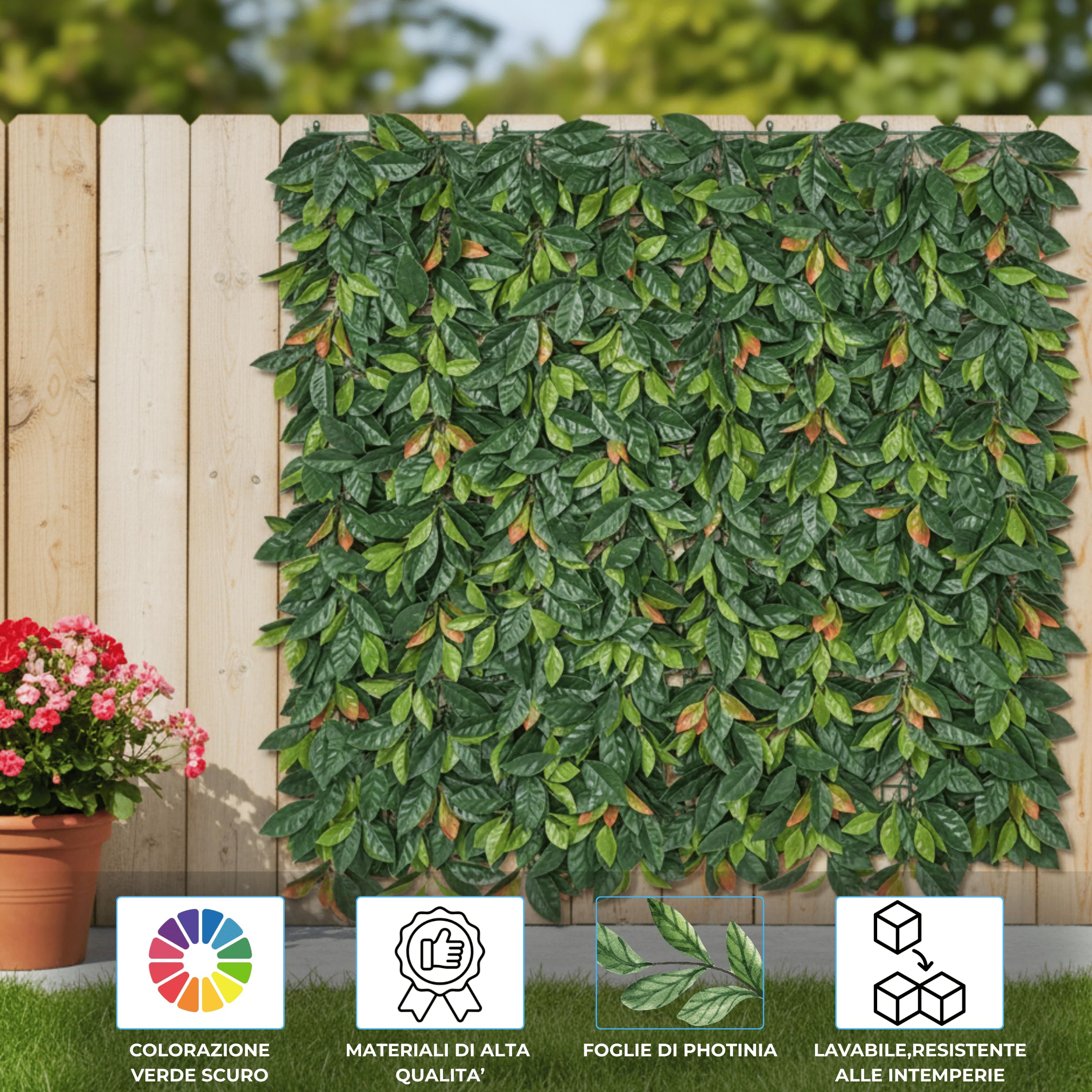 Siepe Sintetica Edera Finta Foglie Sintetiche di Photinia 1x1 MT Anticaduta Lavabile e Resistente ai Raggi UV Ideale per Terrazzi,Giardino,Balcone Ambiente Interno Esterno