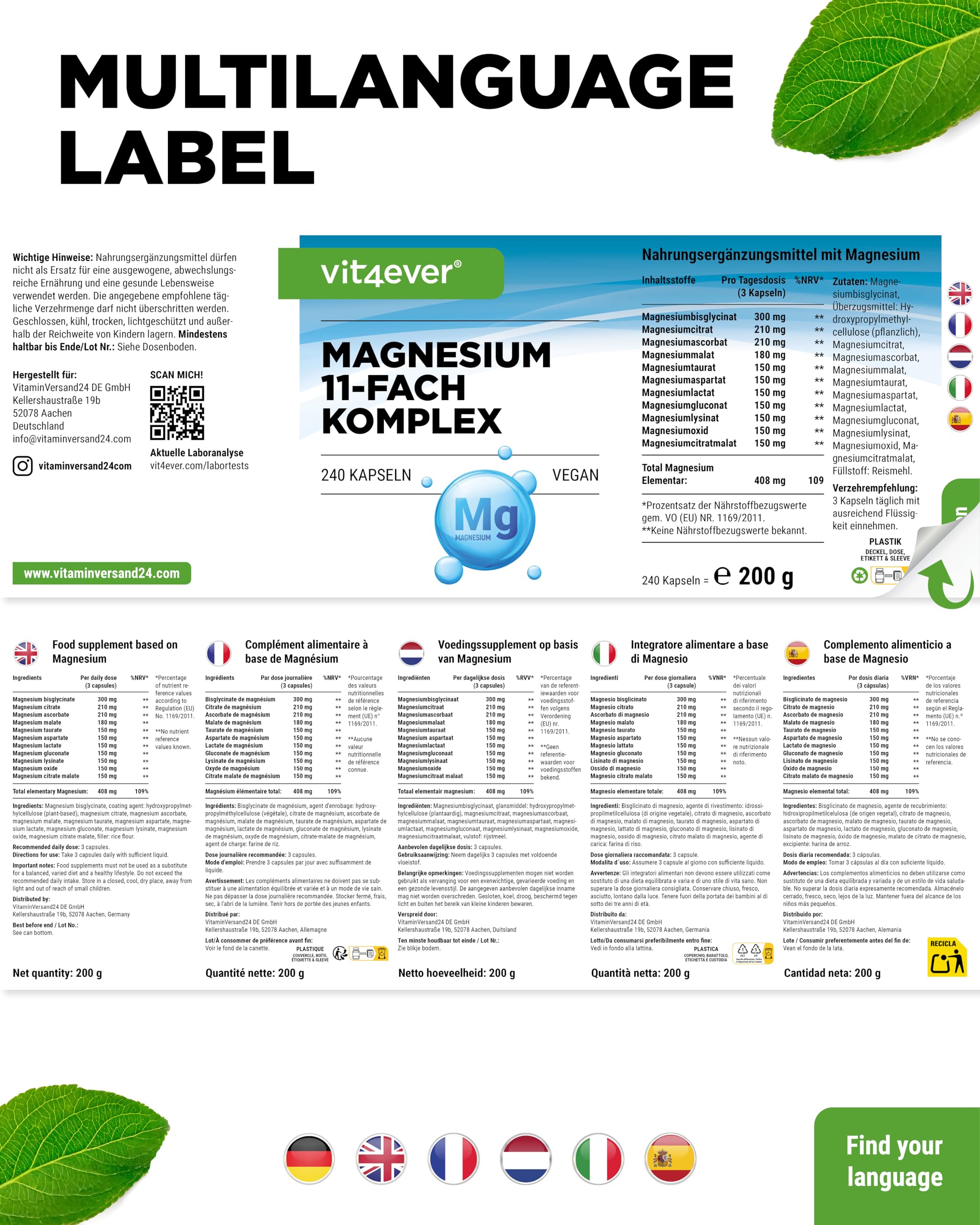 vit4ever Magnesium 11-fach Komplex - 240 Kapseln - aus 11 Verbindungen | 408 mg elementares Magnesium pro Tagesdosis, 11 hochwertige Magnesium-Formen, hohe Bioverfügbarkeit, vegan