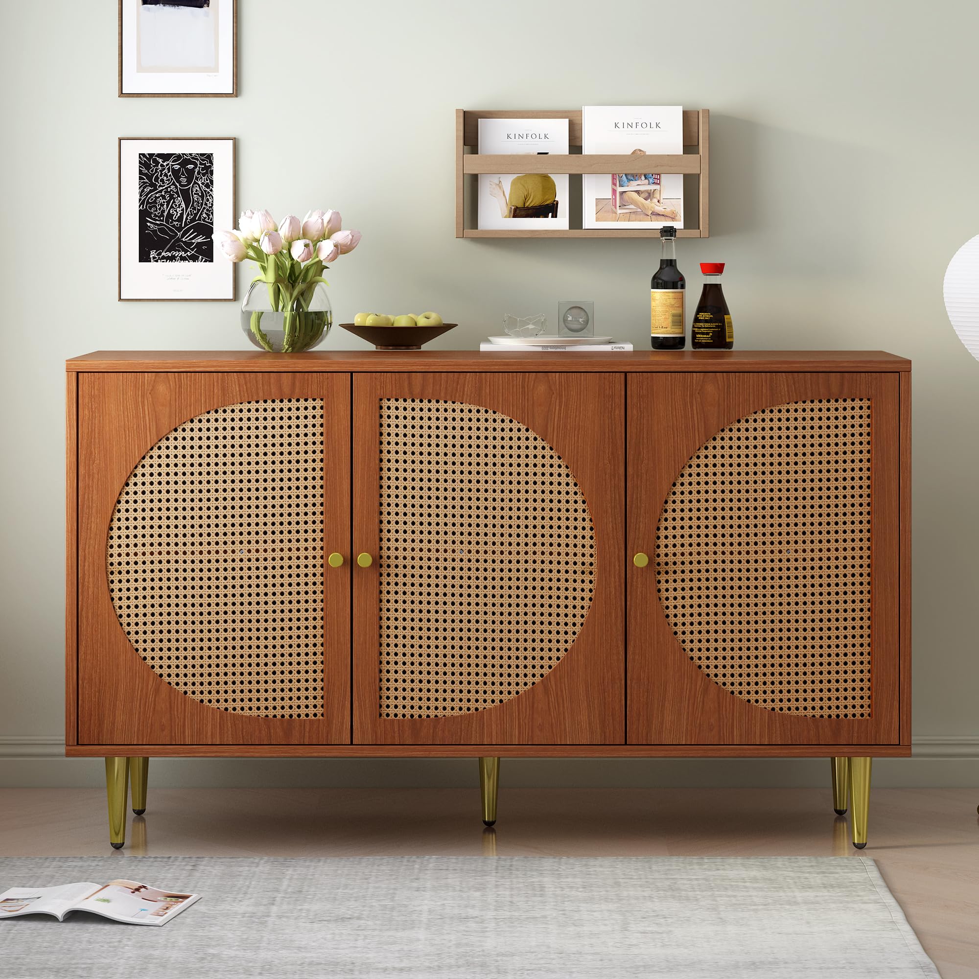 Kredens z drzwiami rattanowymi i regulowanymi półkami, duża przestrzeń do przechowywania do salonu, sypialni i korytarza, drewno orzechowe, 130 x 40 x 76 cm