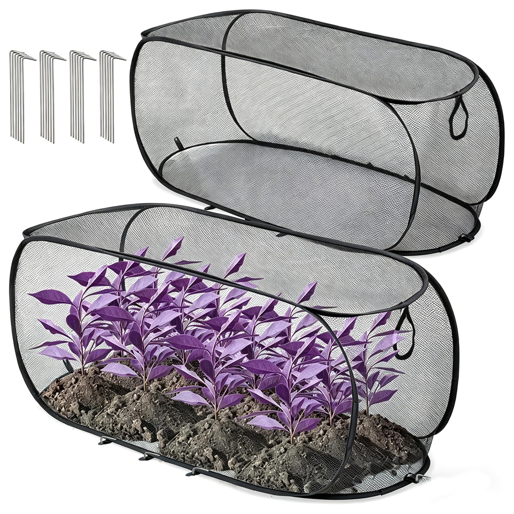 Pop-Up Garden Mesh Net Cover, 100x45x40cm Foldable Plant Protection Tent, Anti Bird & Insect Barrier Netting, Portable Fruit Cage for Raised Bed, Vegetable, Strawberry, Flower (Black 2pcs)