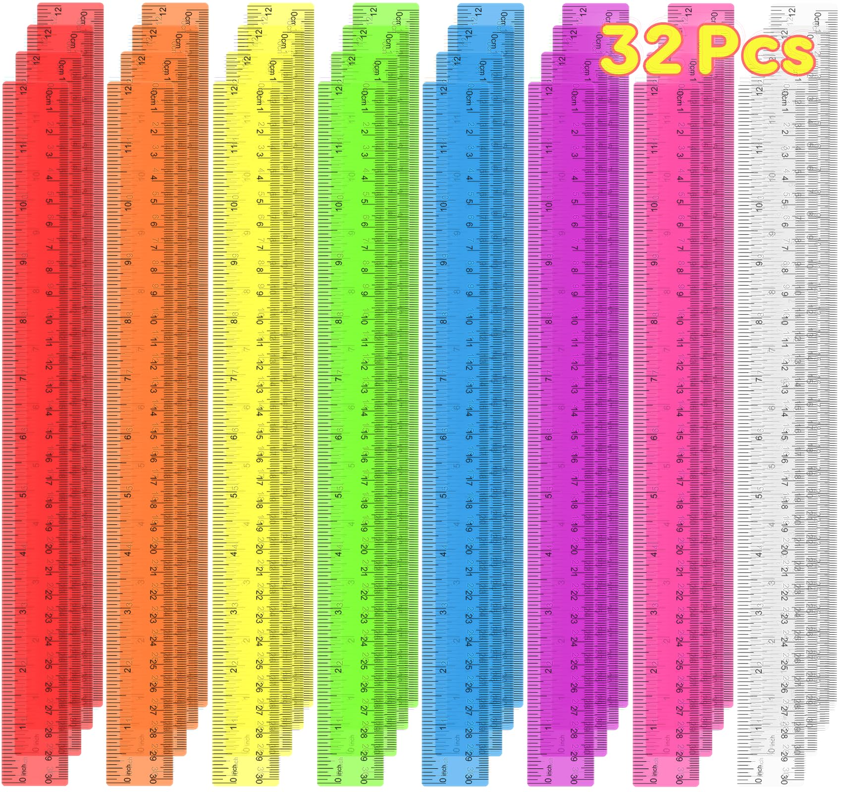 32 Pcs Clear Plastic Ruler 12 Inch, Rulers Bulk for Classroom, Transparent Assorted Color Bulk Rulers with Millimeter and Inches, Kids Ruler for School, Ideal Back to School Office Home Supplies