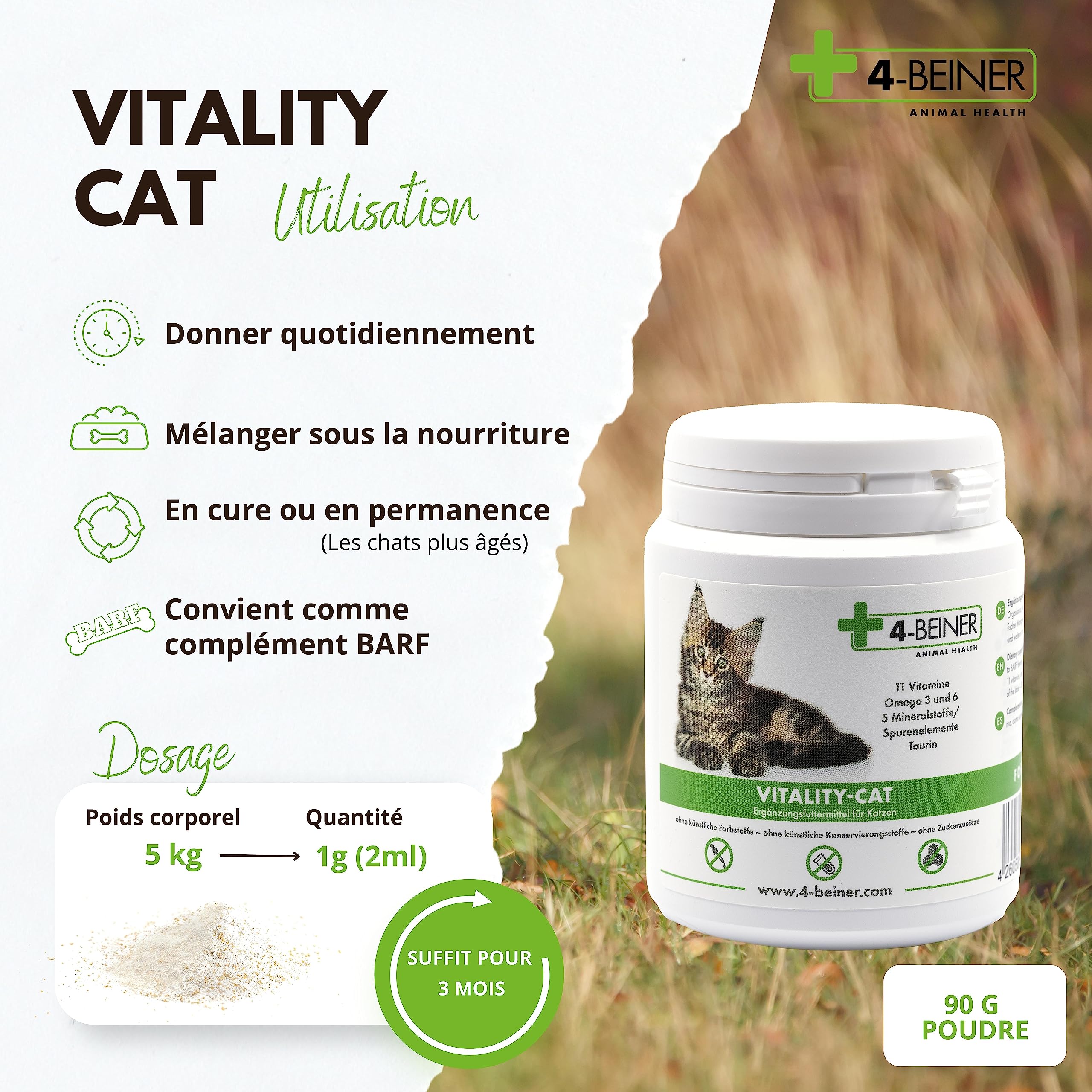 4-BEINER Vitality-Cat, 11 vitamines pour Chats Plus oméga 3, oméga 6, Zinc, sélénium, manganèse, cuivre, Fer, Taurine, multivitamines Chat, Poudre