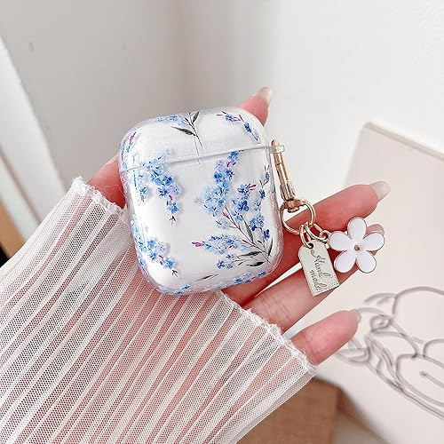 Miniatura 2 de MINSCOSE Funda transparente compatible con AirPods 1 y 2, bonito diseño de patrón de flores con llavero floral, funda protectora de TPU suave a