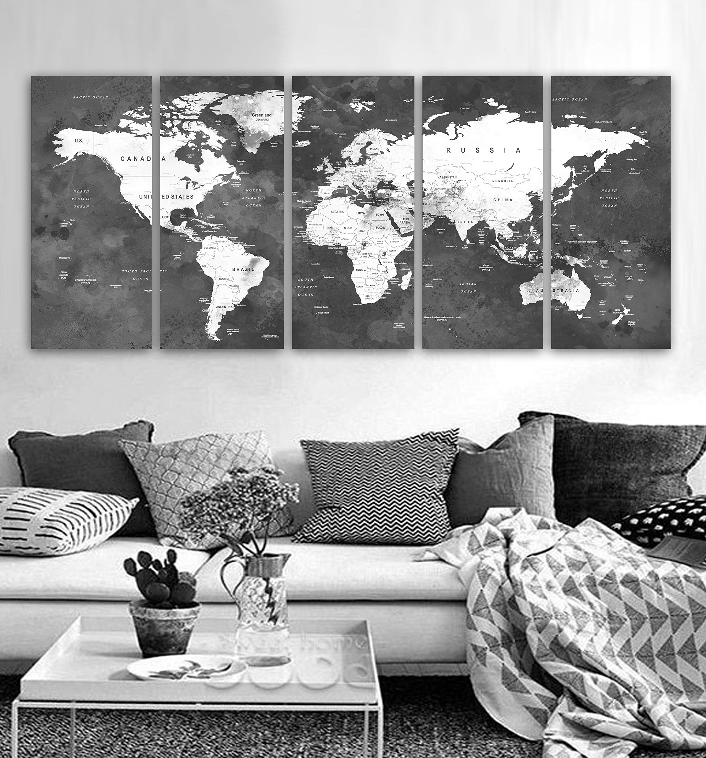 Original by BoxColors Xlarge 30"x 70" 5 Panels 30x14 Ea Art Canvas Print Watercolor Gray white Map World Push Pin Travel Wall decor Home living room (framed 1.5" depth)