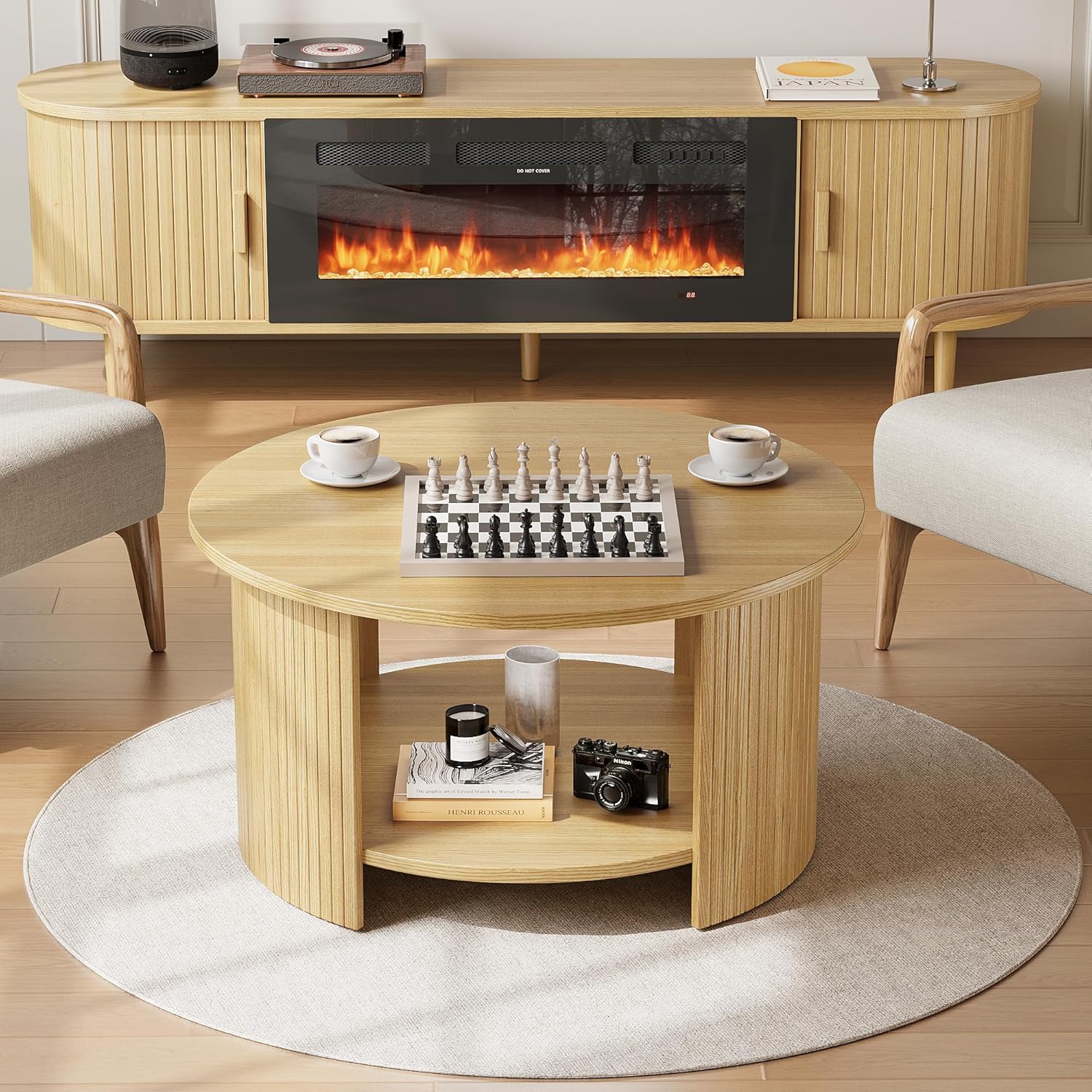 Round Coffee Table with Storage, 31.5" Modern Fluted Center Table, 2-Tier Mid Century Coffee Table, Wood Circle Table for Living Room, Home Office, Small Space, Oak