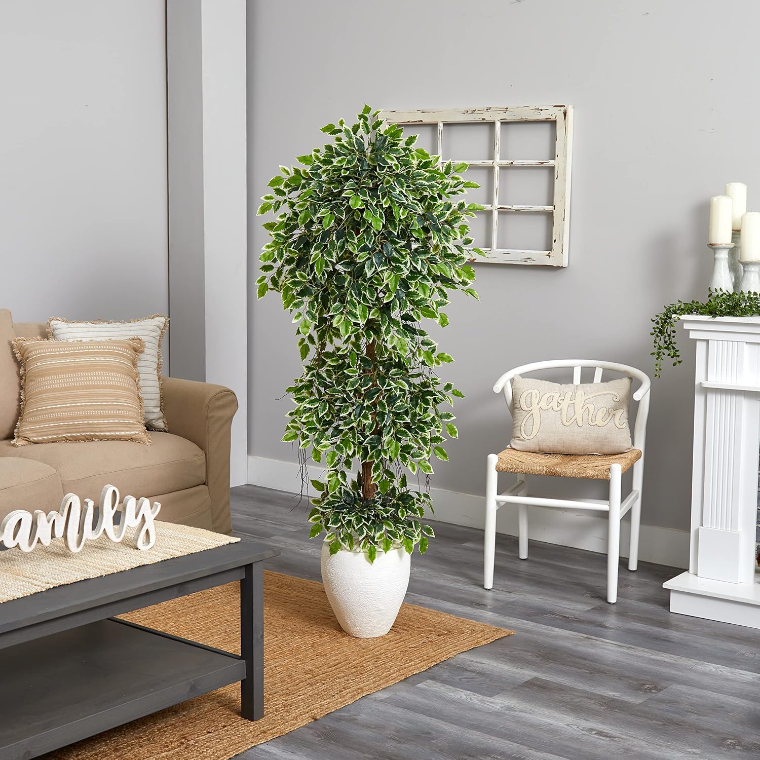 Nearly Natural 5.5ft. Elegant Ficus Artificial Tree in White Planter