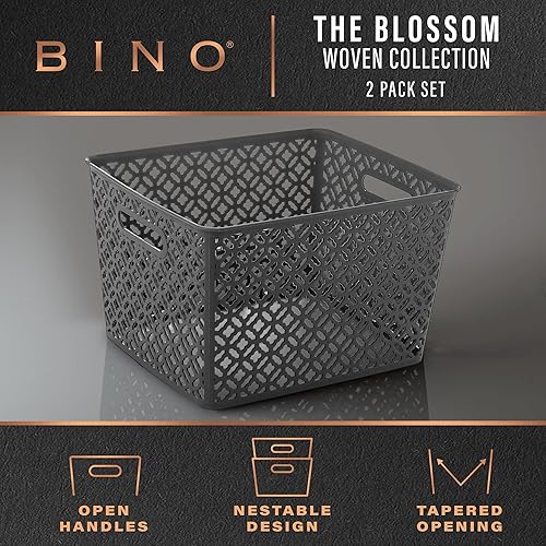 Miniatura 2 de BINO Cestas de almacenamiento de plástico, XL - gris The Blossom Collection l Organizador multiusos l asas integradas l Cesta tejida de plástico