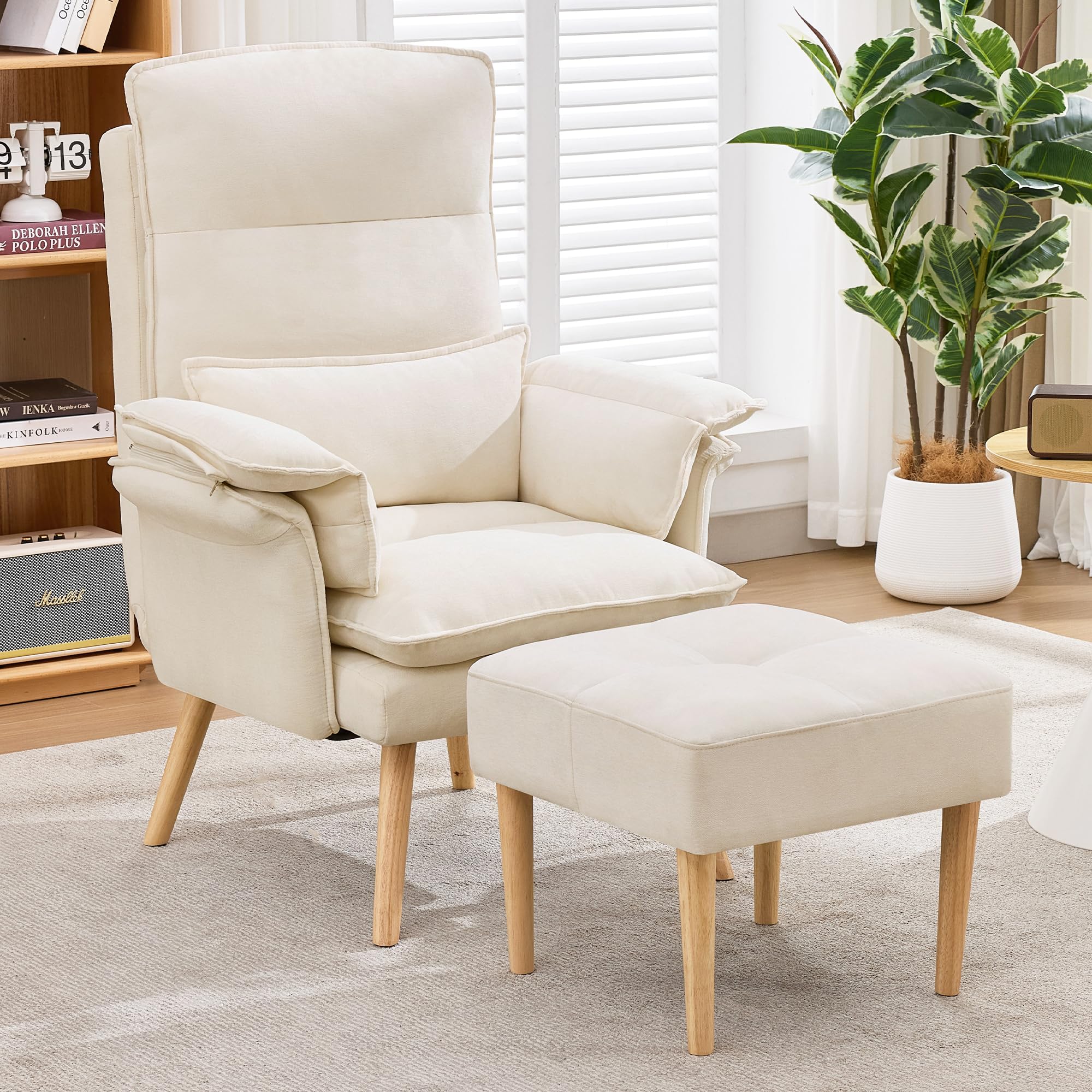 BTM Relaxsessel mit Hocker 5-Fach Verstellbarer Sessel Wohnzimmer Lesesessel mit Kopfstütze, Armlehnenkissen Beige