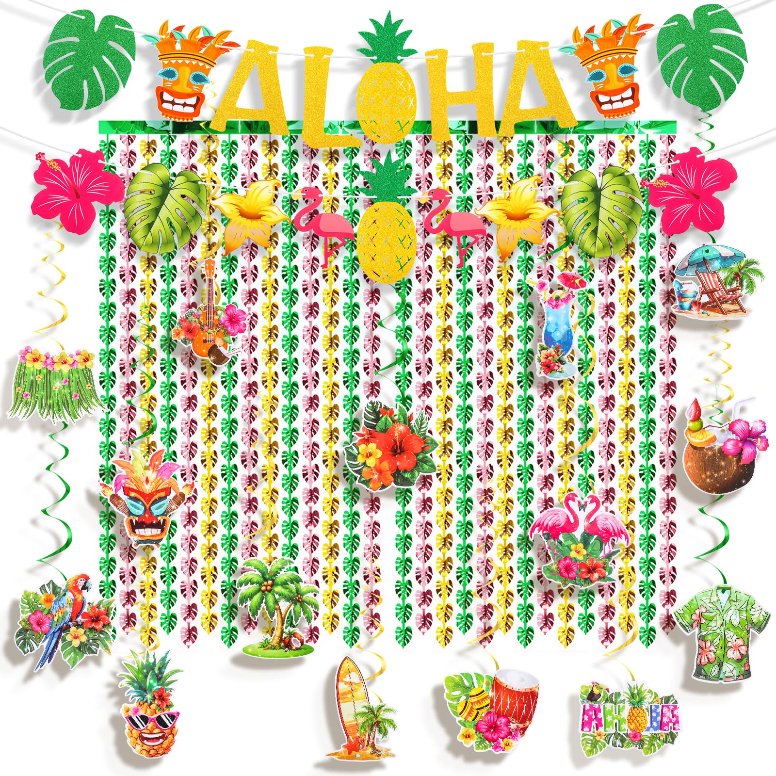 Tingjoo 31 Pcs Hawaiian Aloha Party Decorations Include Glitter Aloha Banner 3.3 x 6.6 ft Tropical Palm Leaves Foil Fringe Curtain Hanging Swirl