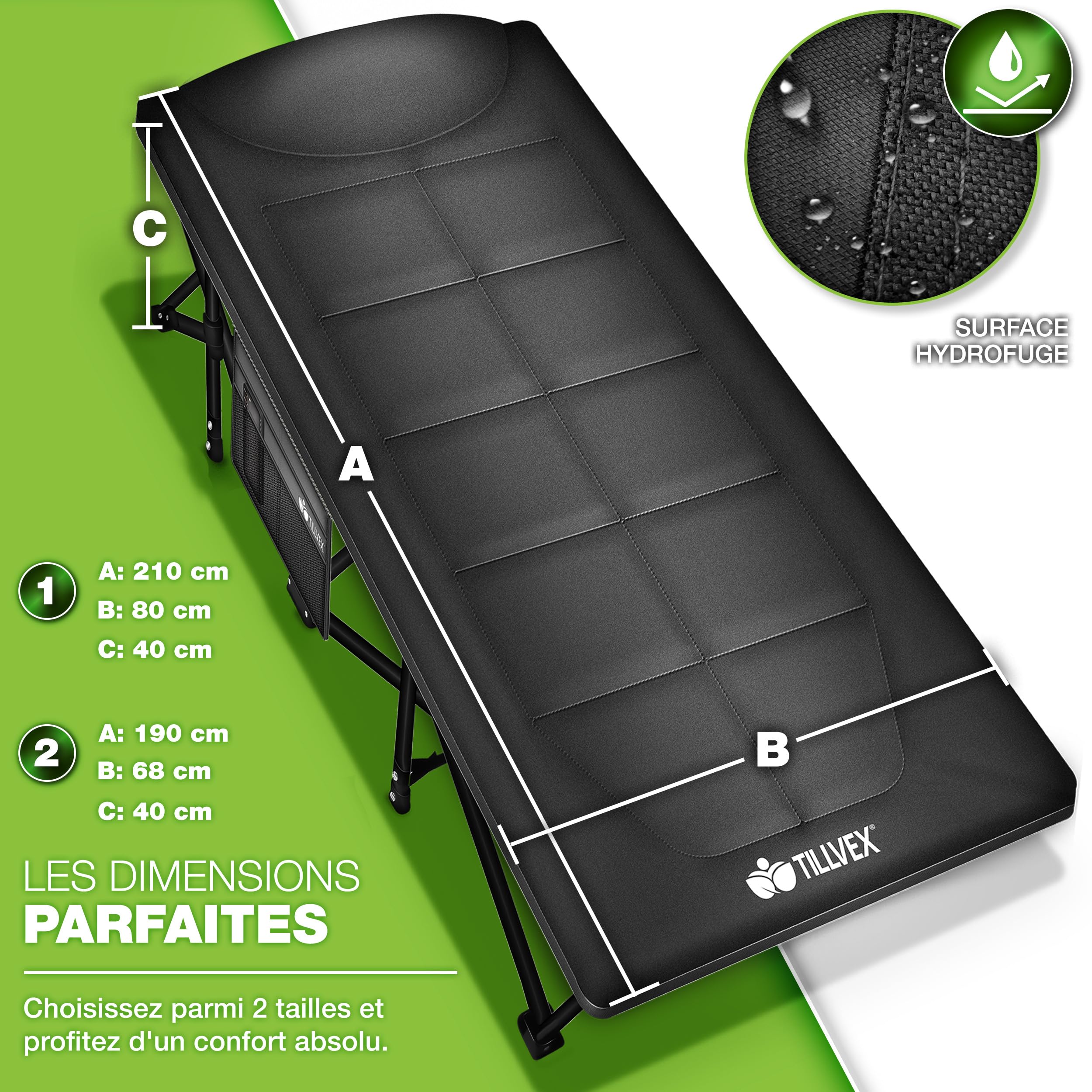 tillvex® Lit de camping pliable avec sac de transport jusqu'à 200 kg | Chaise de camping extra large | Lit de camp pour l'extérieur et l'intérieur | Lit d'invité pliable pour jardin, camping, pêche,