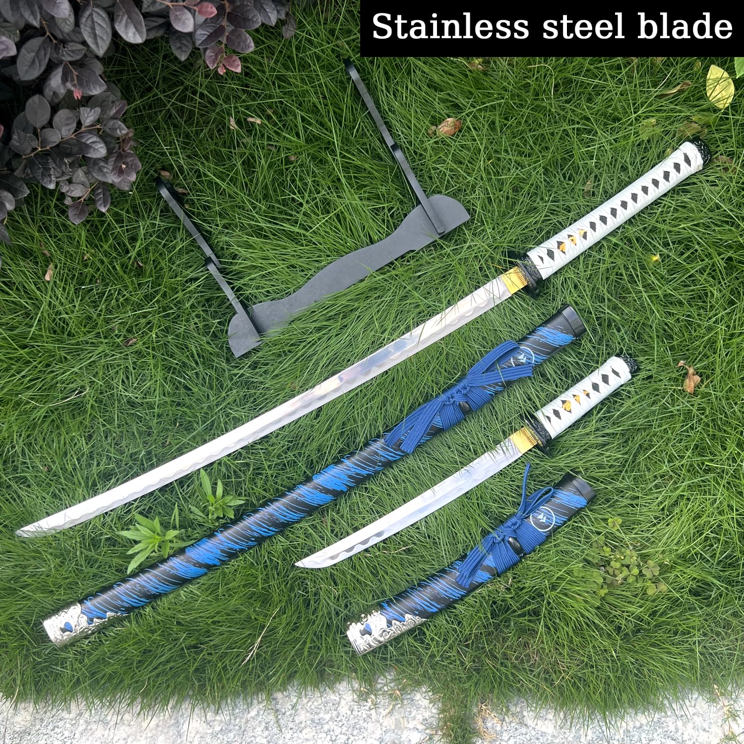2pc Japanese Ghost of Tsushima Cosplay Replica Sword Metal Katana Set with Display Stand,Jin Sakai‌‌ Katana,for Cosplay,Collection,Display
