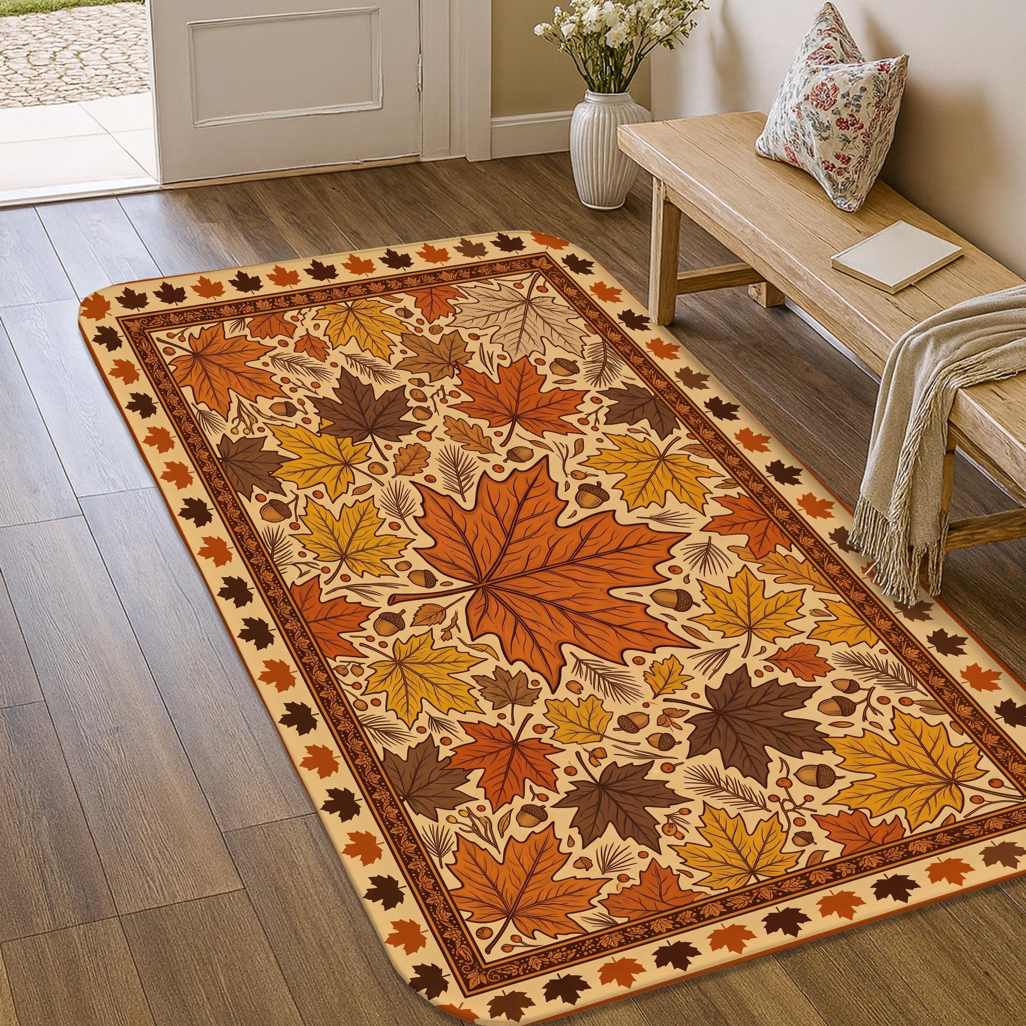 Alfombra de área para suelos resbaladizos con diseño de hojas tradicionales de otoño