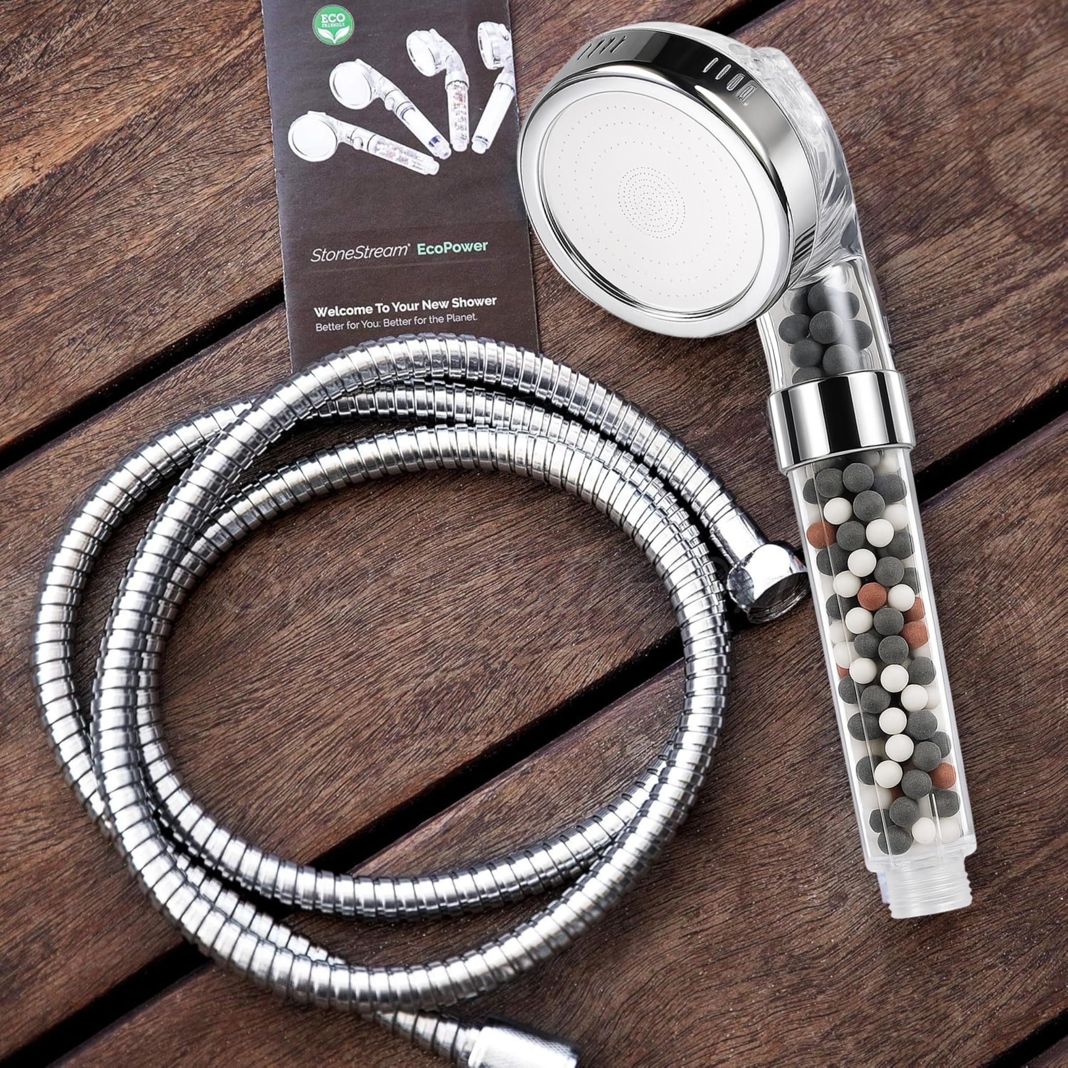 StoneStream® Filtro de cabezal de ducha eléctrico con manguera y piedras de repuesto para ablandador de agua dura, cabezal de ducha de alta presión, cuenta icónica similar al spa para piel y cabello