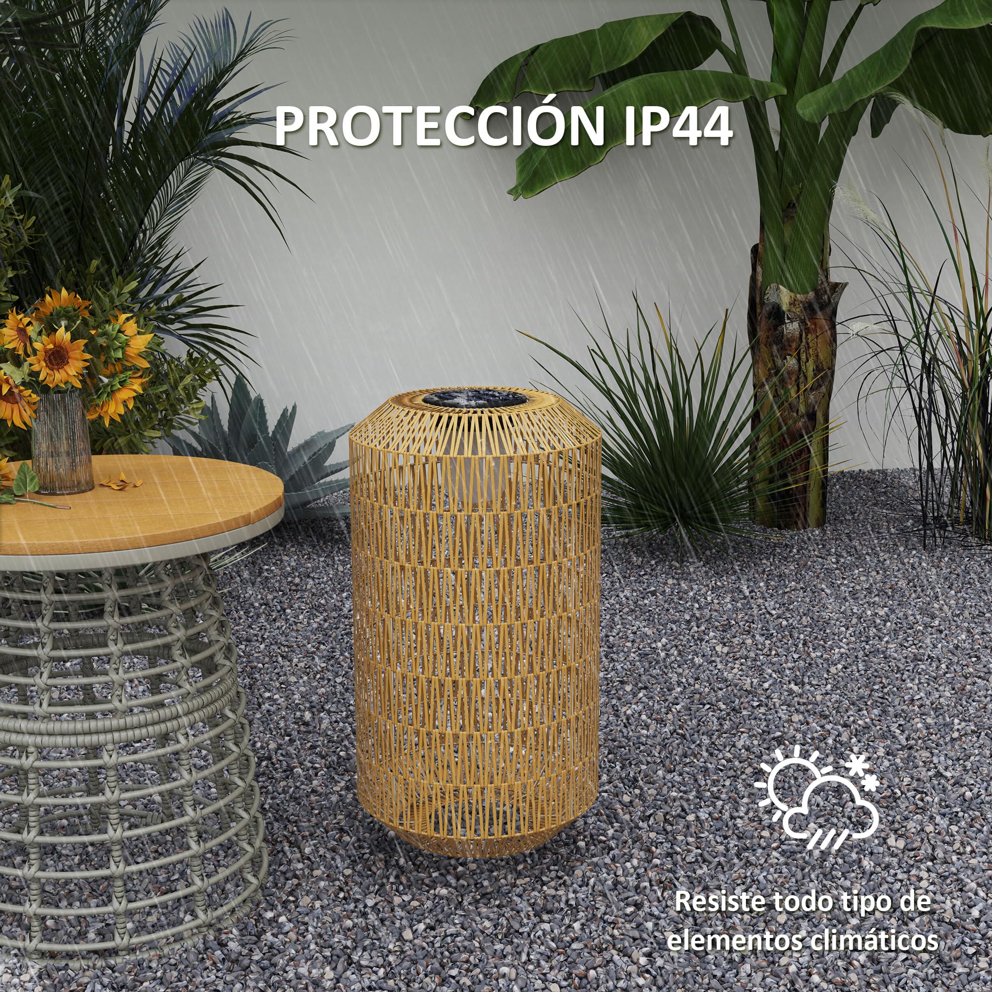 Outsunny Linterna de Jardín de Ratán Sintético Farola Solar con Luces LED Encendido y Apagado Automático Impermeable Estilo Bohemio para Patio Terraza Balcón Ø30x55 cm Natural