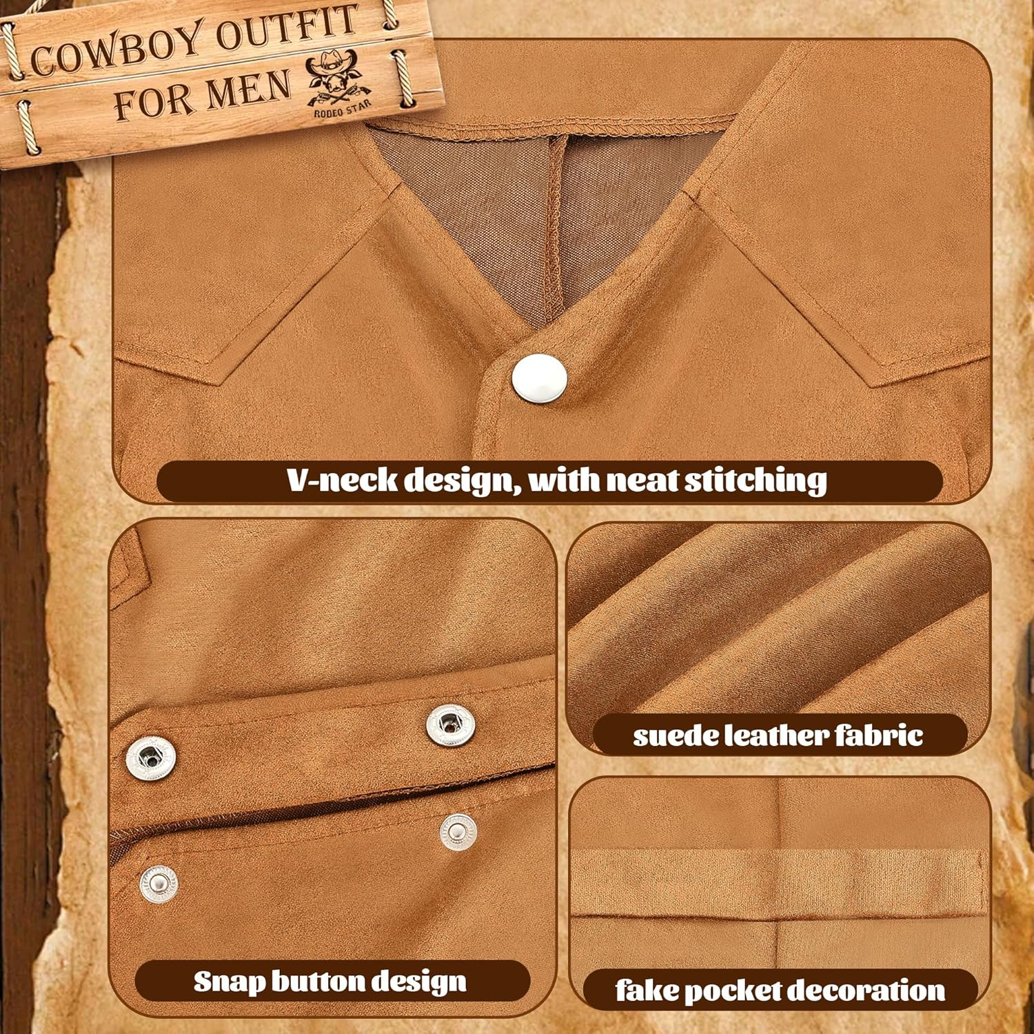 RIOSO Cowboy Outfit for Men Western Suede Leather Vest Belt Necktie Set Men's Cowboy Costume Accessories (without Hat) - Image 5