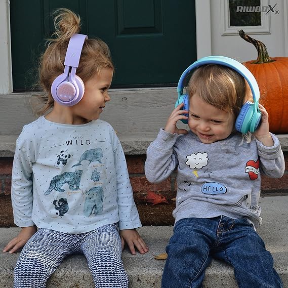 Riwbox WT-7S Kids Bluetooth Headphones Light Up, Foldable Stero Wireless Headset with Microphone and Volume Control for PC/Tablet/TV/Travel（Blue）
