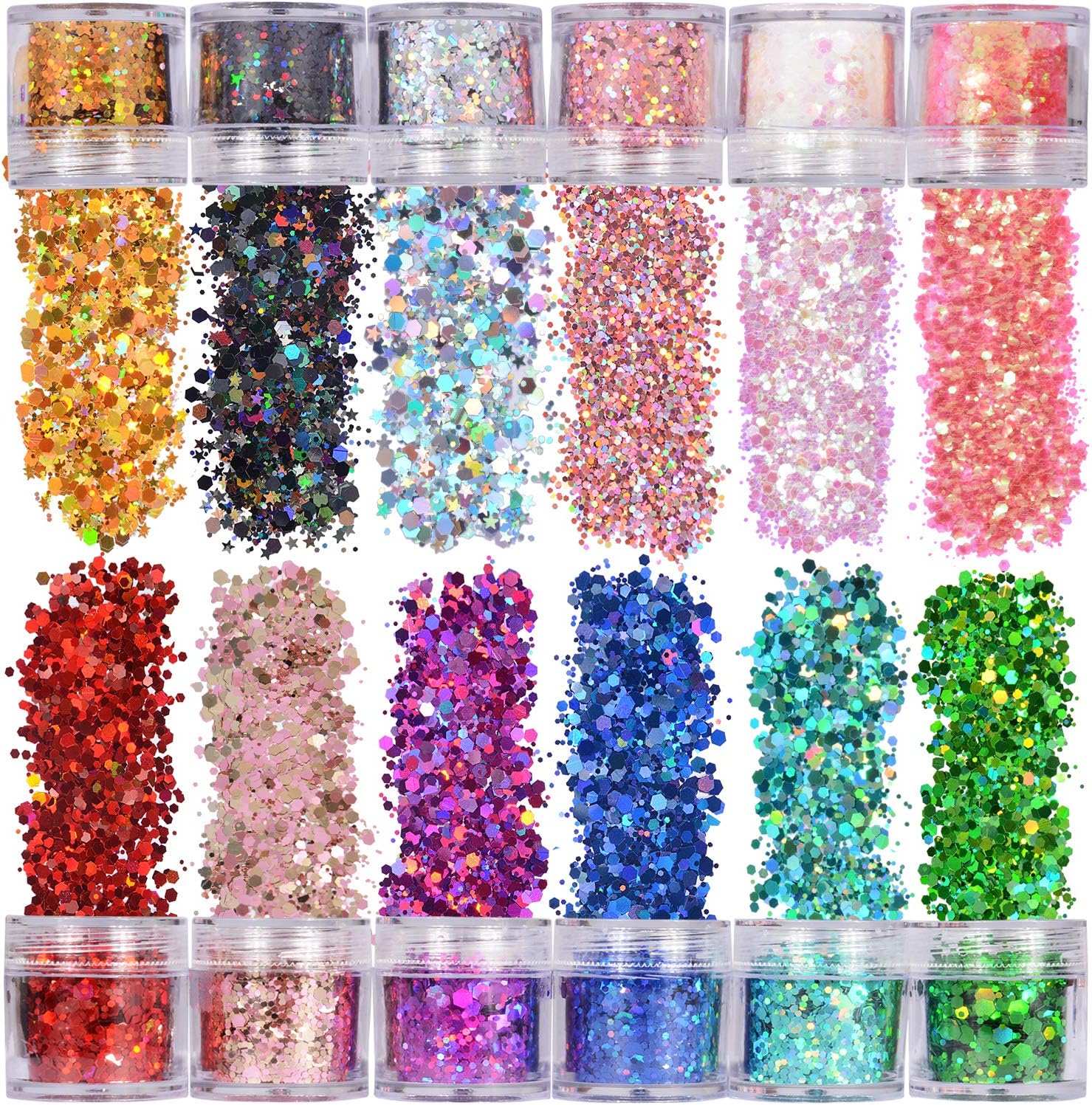 Holographic Chunky Glitter 12 Colors Total 120g Face Body Eye Hair Nail Festival Glitter Different Size Stars and Hexagons Shaped (Set A)