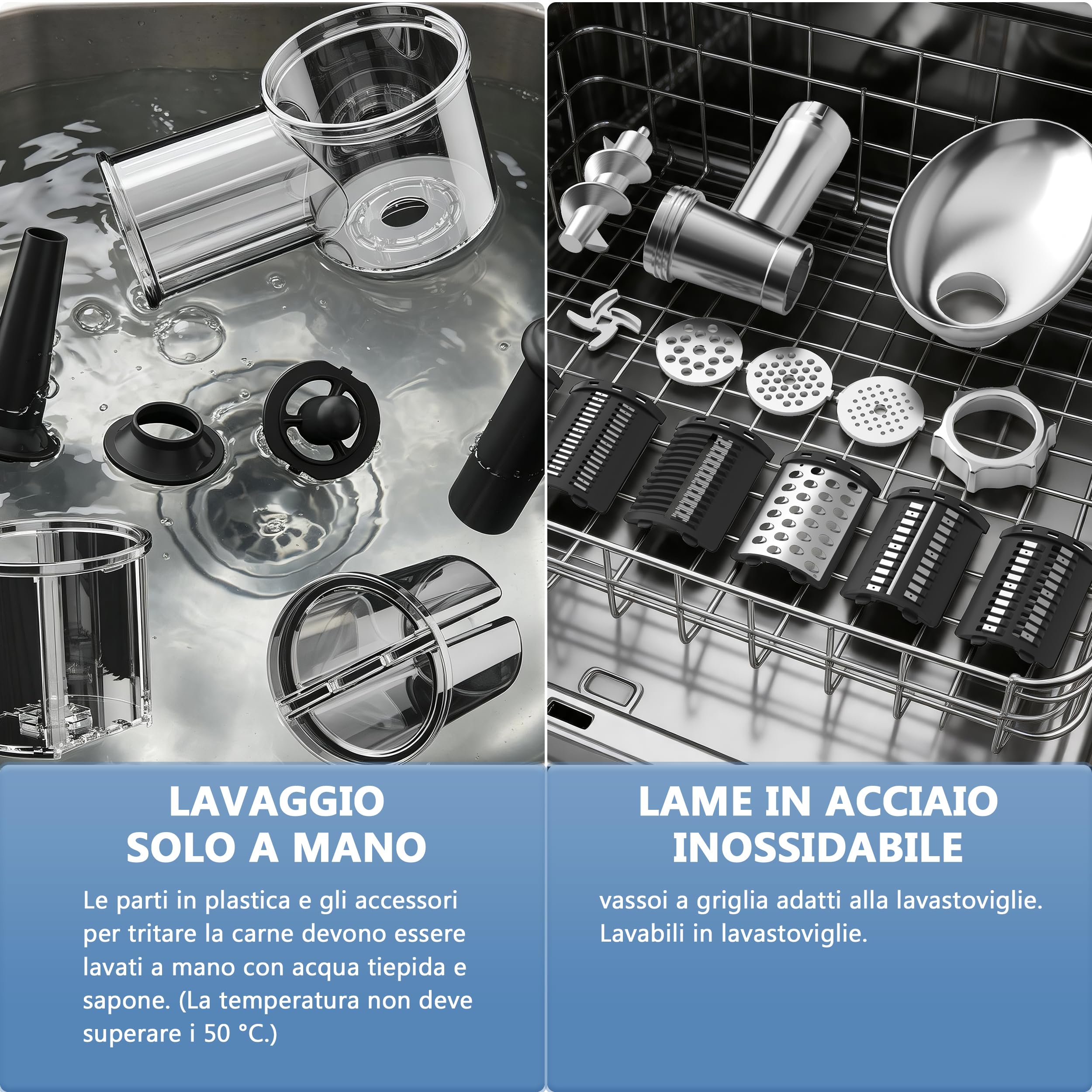 Tritacarne elettrico professionale da 2500 W con 5 lame inossidabili, multifunzionale, grattugia, accessorio completo, design compatto per preparazioni casalinghe