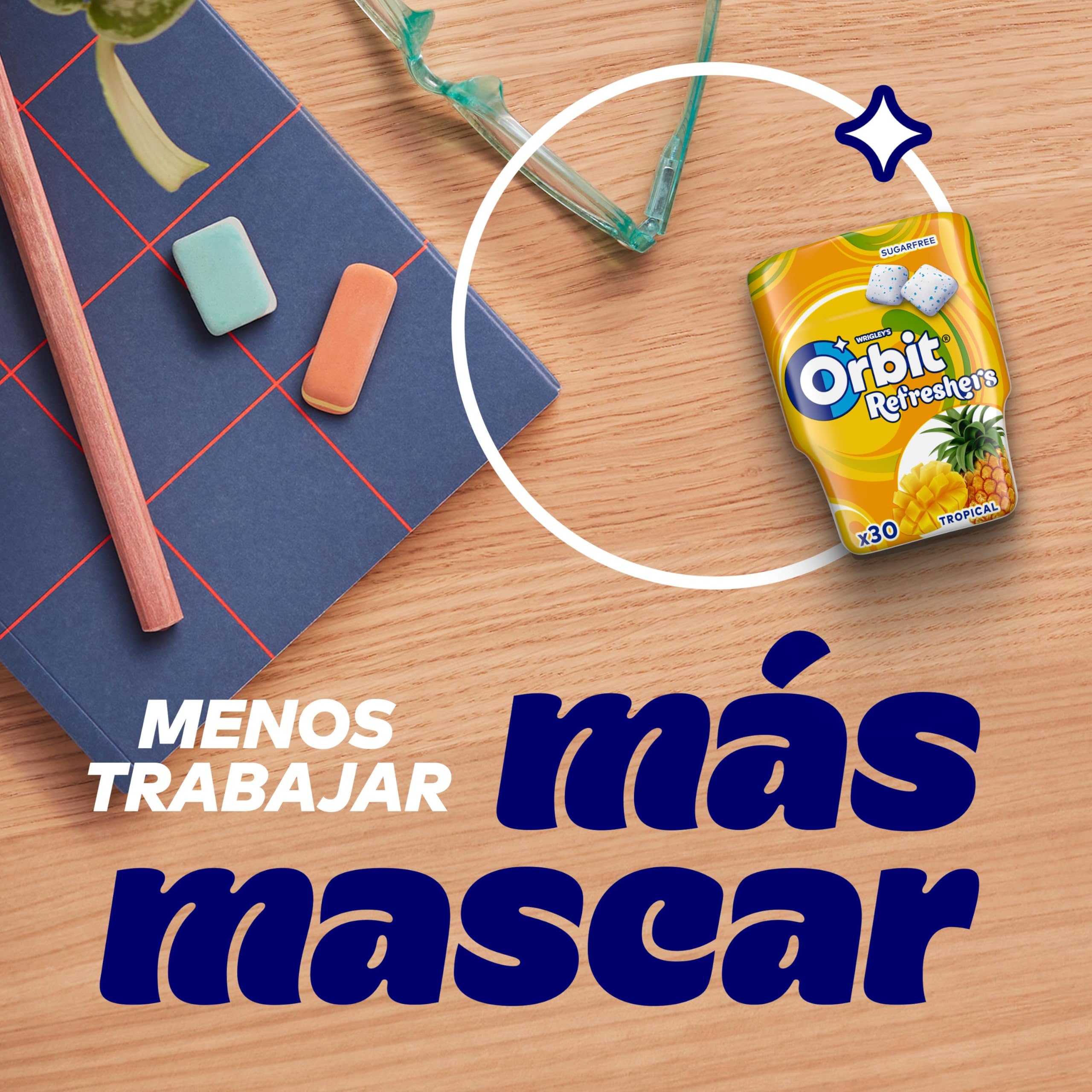 Orbit Bote de Chicles Sin Azúcar Sabor Tropical, Afrutado, Intenso y de Larga Duración (6 x 30 chicles)