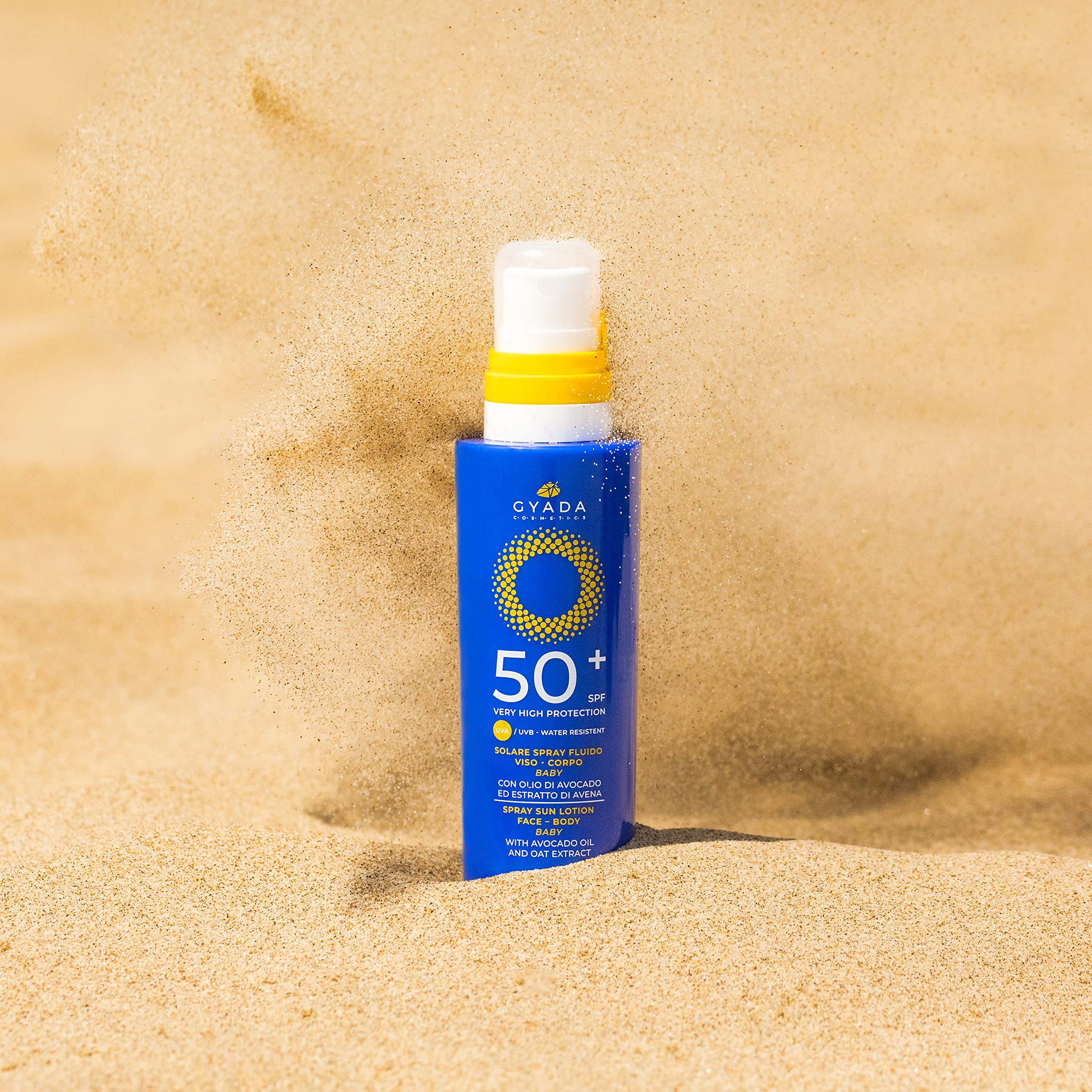 GYADA COSMETICS, Spray Solaire SPF50+ Spray Visage Corps Bébé Très Haute Protection, Nourrissant, Crème Solaire pour bébés et cheveux sensibles, Absorption rapide, Résistant à l’eau, Non gras, 150 ml