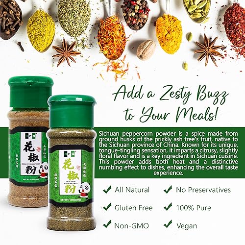 Miniatura 6 de Polvo de maíz rojo Sichuan de alta calidad + pimienta verde, 1.08 onzas cada uno, una especia adormecedora, pimientos szechuan rojos y verdes para