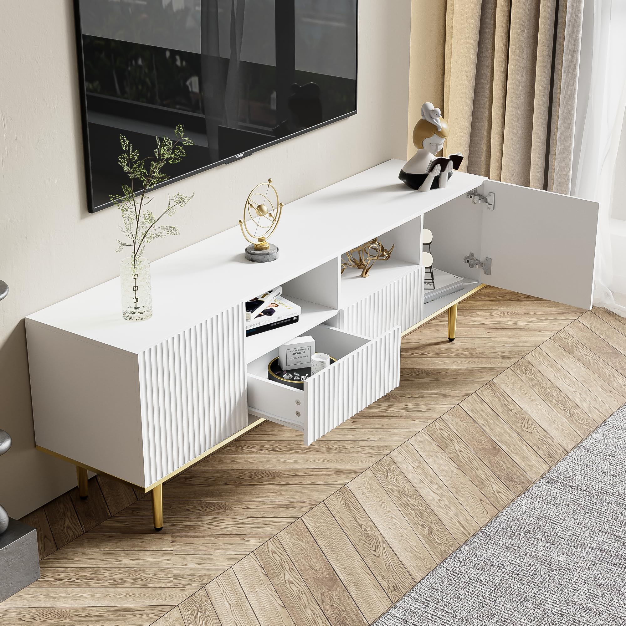 Mobile TV Soweiz 190 Cm - Design A Scanalature, Gambe Dorate, Ante Con Cerniere Ammortizzate, Per Robot Aspirapolvere