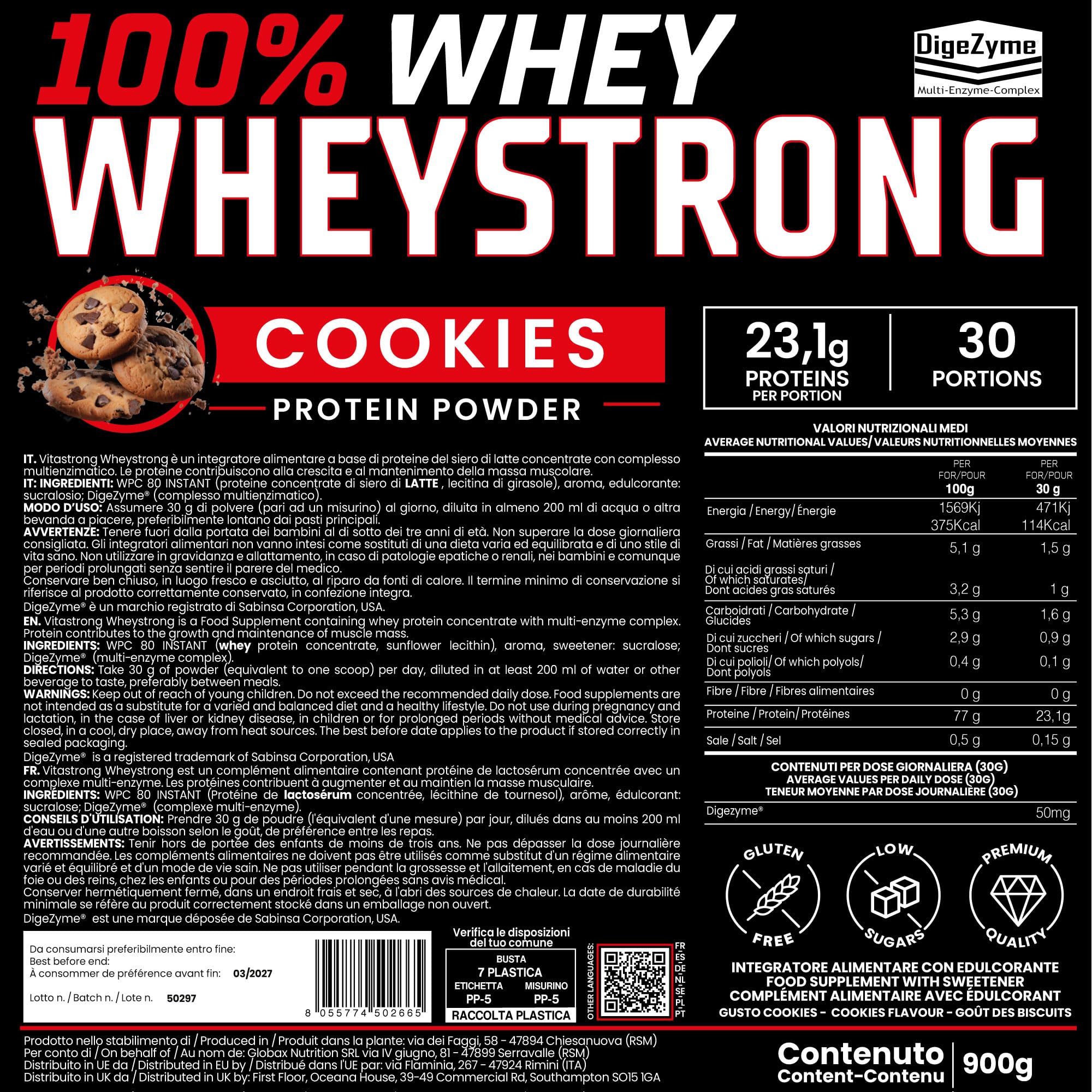 Proteínas en polvo galletas Cookies, 900 g, 100% proteína de suero de leche Whey con DigeZyme® de alta digestibilidad y concentración, de proveedores italianos, Whey Protein Premium Vitastrong