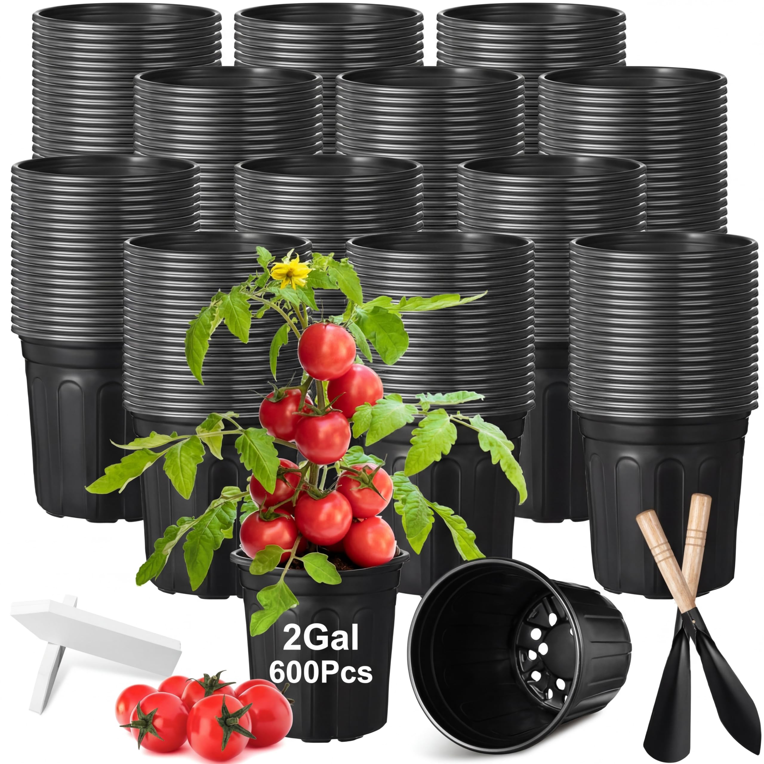 Photo 1 of BreezeHug 600 Pcs 2 Gallon Plastic Nursery Pots, Black Thickened Soft Seedling Pots with 16 Drainage Holes 2 Shovels 6 Labels Stackable Flower Plant Containers for Indoor Outdoor Gardening Supply