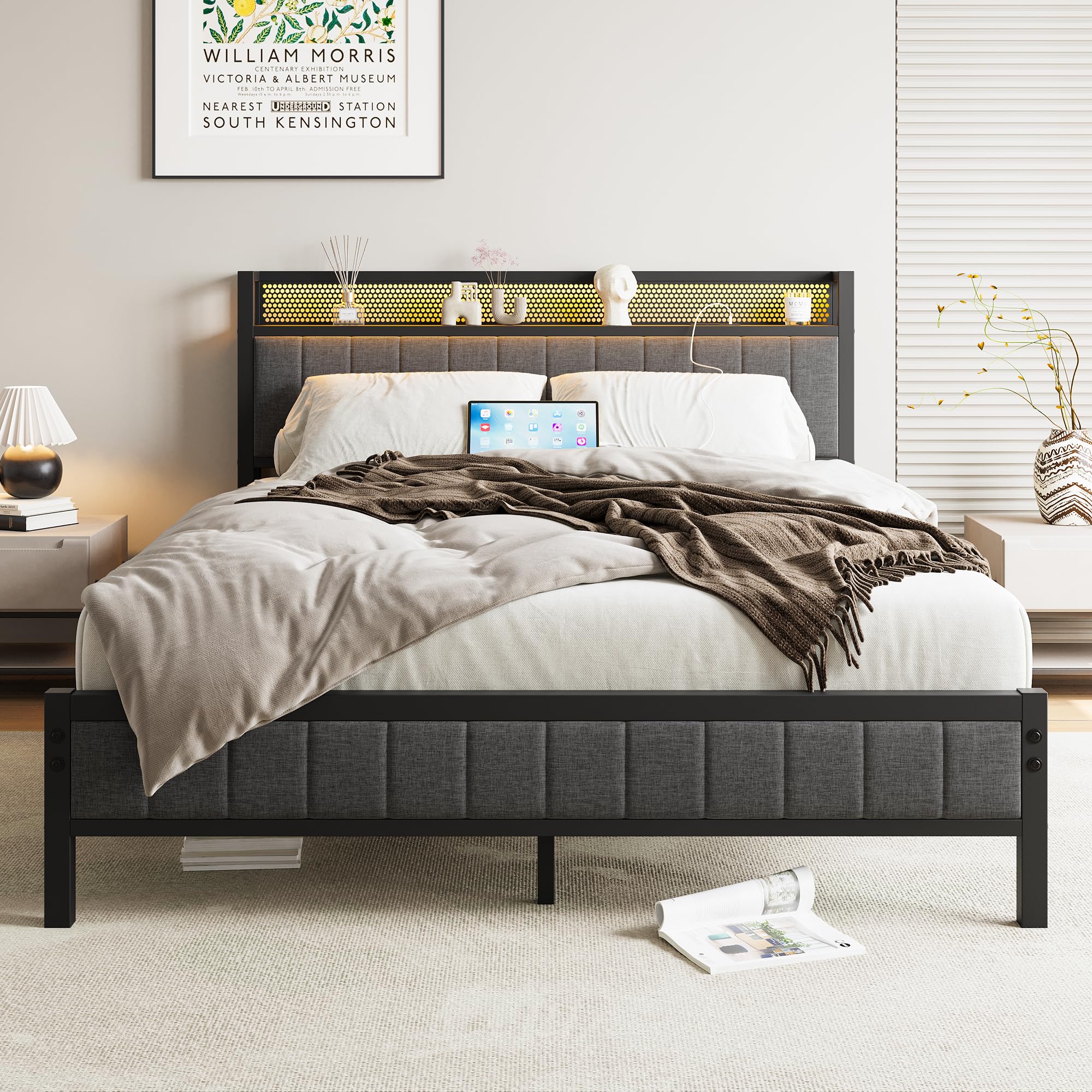 BORPHOM King Size Bed Frame with Storage Wooden Headboard,Charging Station,LED Lights,Metal Platform Upholstered Bed Frame King Size Bed Base with Strong Metal Slats,Mattress Base,Noise Free,Grey