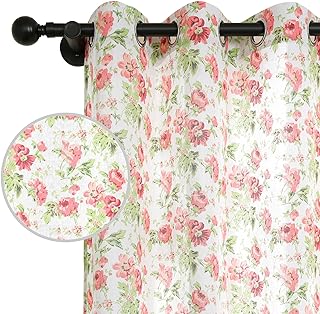Floral Print Linen Curtains Vintage Pink Rose Flower Window Curtain Panel Light Filtering Farmhouse Grommet Window Drapes for Living Room Bedroom, 2 Panels, 52 x 63 Inch - Buy now