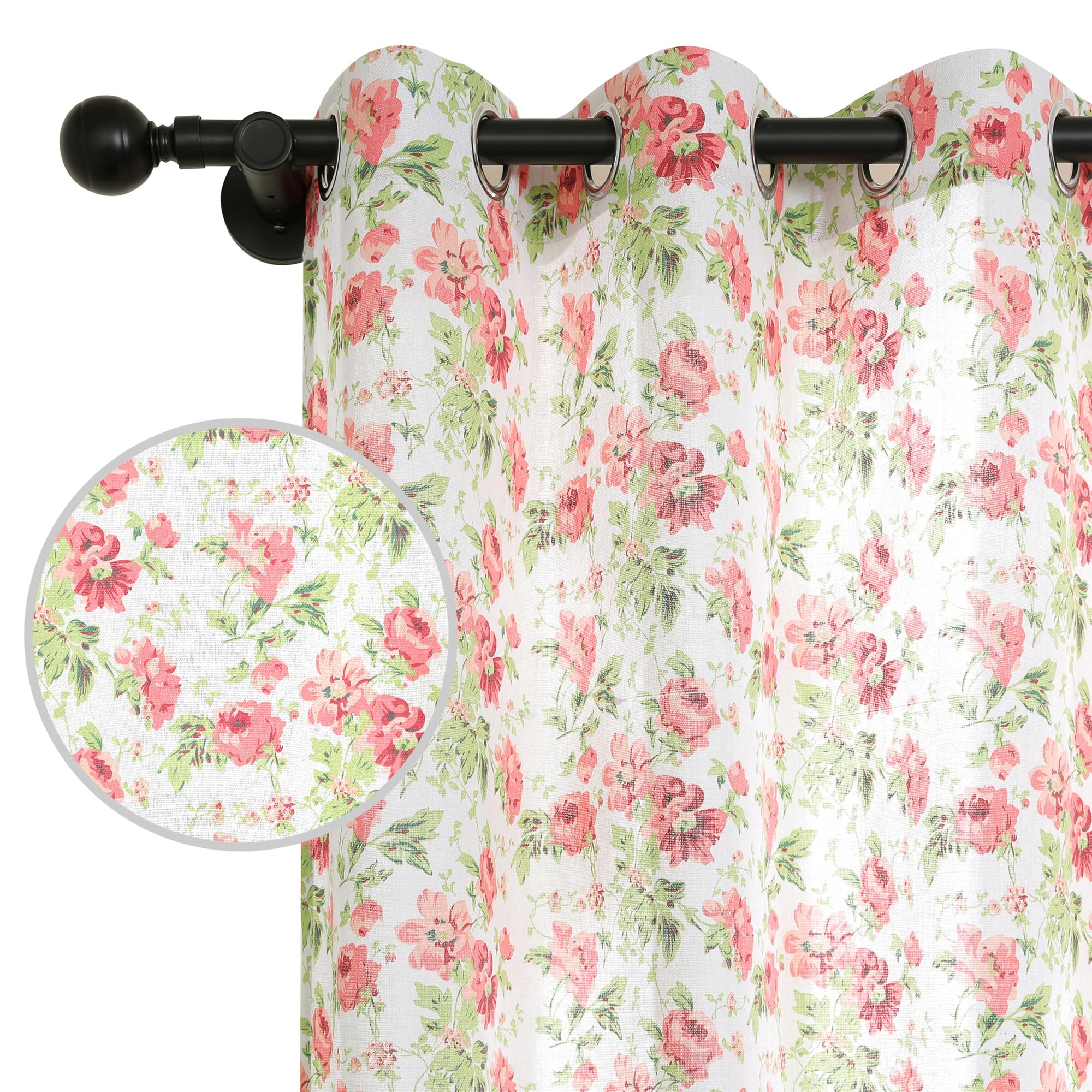 FINECITY Floral Curtains 84 Inch - 2 Panel Linen Look Semi-Sheer Drapes With Grommets, Vintage Rose Pattern