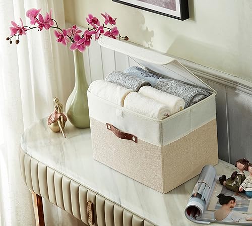 Miniatura 3 de DECOMOMO - Cubos plegables de almacenamiento con tapas, canastas resistentes de tela catiónica, cubos con asas, para organización de estantes,