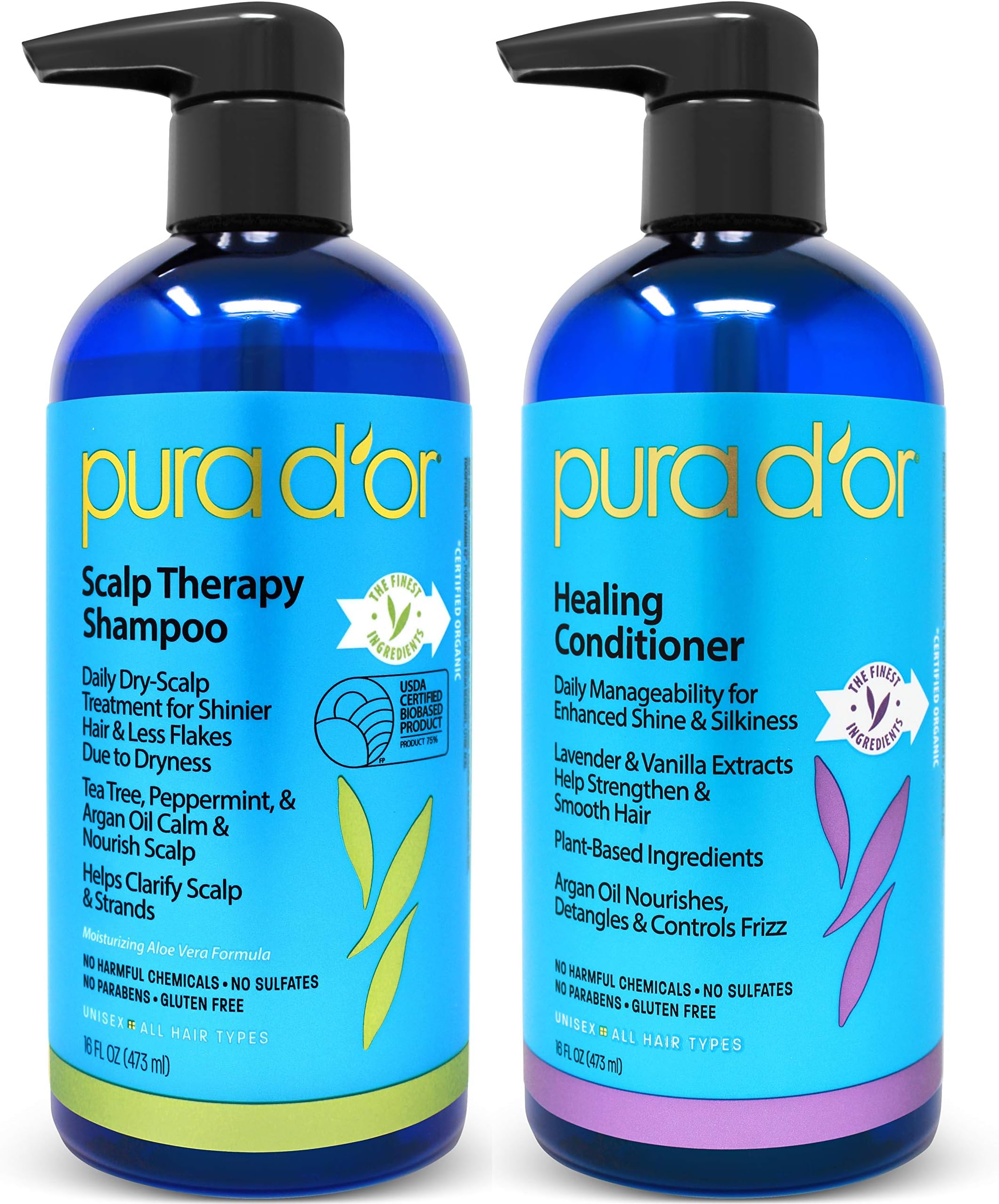 PURA D'OR Scalp Therapy Shampoo & Conditioner Set (16oz x 2) Dry, Itchy Scalp-Hydrates & Nourishes Hair w/Tea Tree, Peppermint, Argan Oil & Biotin, All Hair Type, Men Women (Packaging Varies)