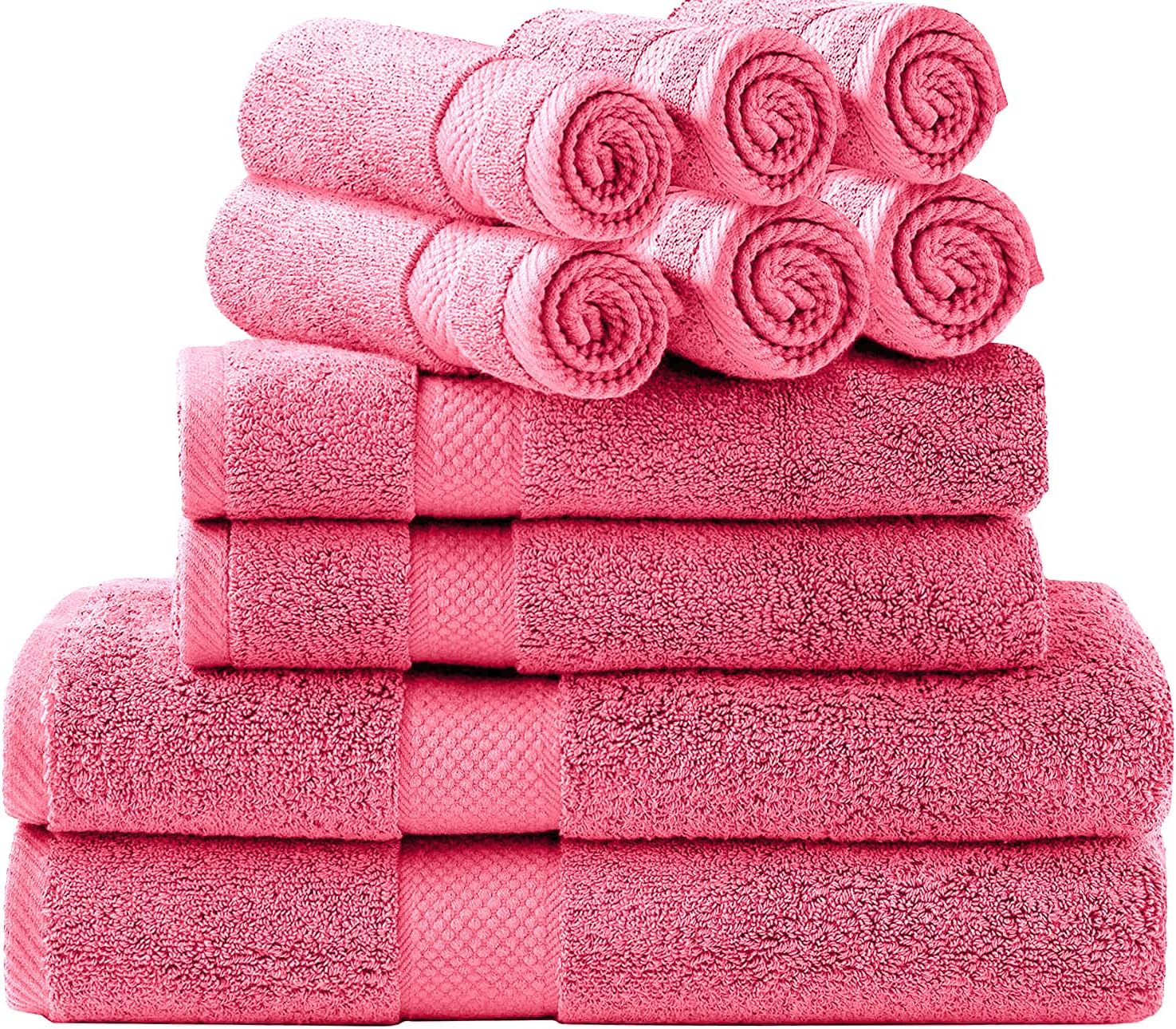 Bath Towels Set, 2 Bath Towels, 2 Hand Towels, and 6 Washcloths (10 Piece Set), Ring Spun Cotton Highly Absorbent Towels for Bathroom, Shower Towel (Pink)