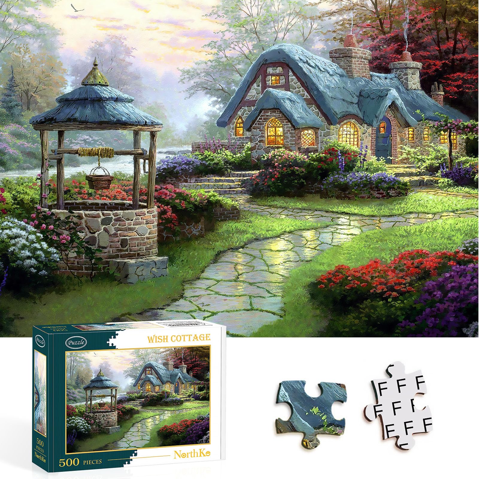 NorthKe 500 Piece Puzzle for Adults - Whis Cottage Unique Shape Pieces Jigsaw Puzzles Letters on Back Difficult Challenging Brain Exercise for Family Game Nights - Size 20" x 14.2"