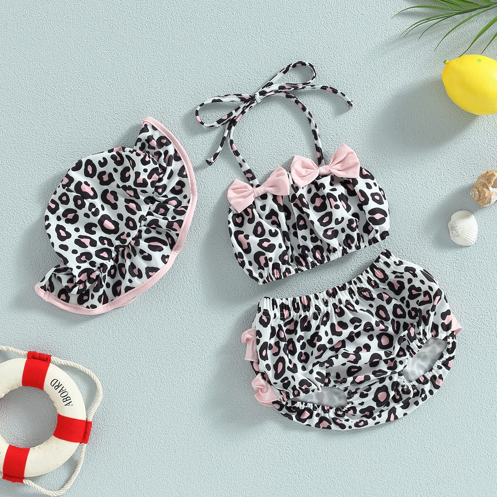 Baby Girl Swimsuit Baby Beach Essentials Two Piece Bathing Suit Halter Bikini Crop Tops+Ruffles Shorts Bottoms Swimwear (Black Leopard, 0-6 Months)