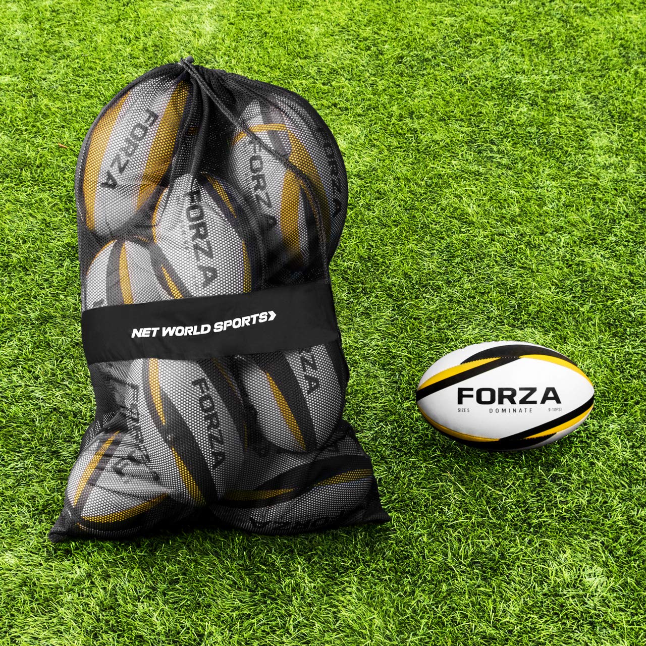 FORZA Set Palloni Rugby Borsa & Borsa [Pacco da 12] | Palloni da Rugby Taglie 3,4 e 5 | Palloni da Allenamento Rugby E Partite | Borsa per Il Trasporto in Rete Inclusa