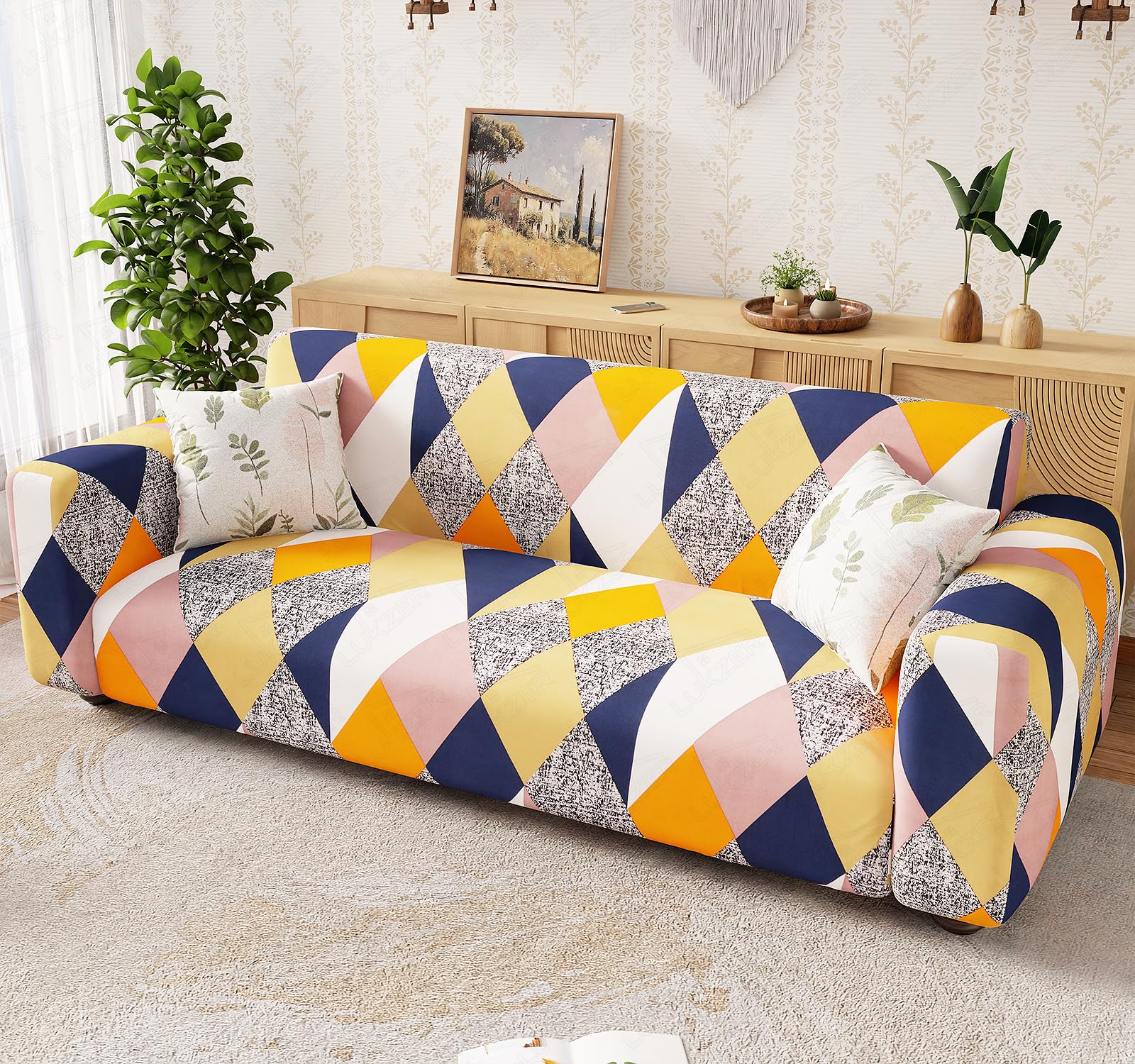 Lukzer 4 Seater Multicolor Design Universal Sofa Cover | 360° Fully Covered Anti-Slip Washable Couch Cover Protecter | 140 GSM Stretch Fit Polyester + Spandex Slipcover (230-300cm/SC-044-04)-image-41