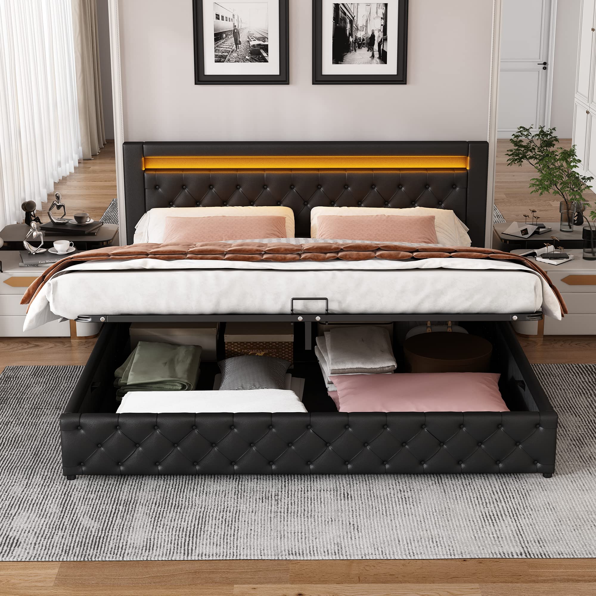 Rtopsu Letto Imbottito Letto Matrimoniale 160x200 cm con Testata a LED, Letti con Contenitore, Struttura Letti con Struttura Metallica Idraulica e Doghe in Legno, PU, Nero, Senza Materasso