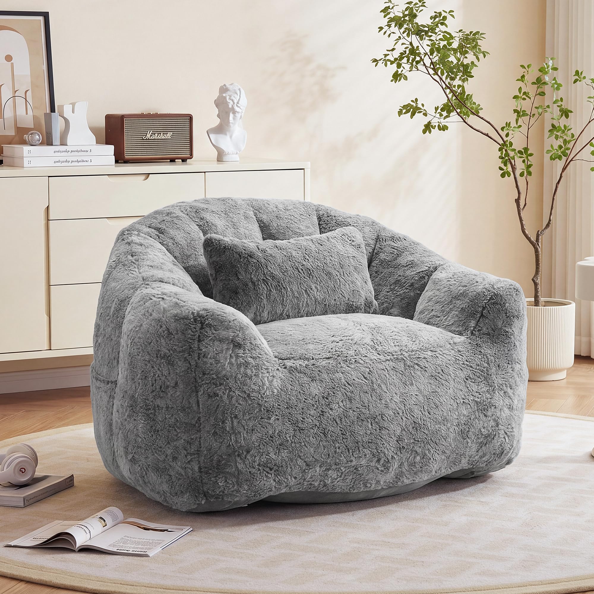 Pouf pour adultes, fauteuil lounge moelleux en fausse fourrure avec coussin, capacité de charge jusqu’à 160 kg, emballage sous vide & sans montage, pour salon, chambre, balcon, gris
