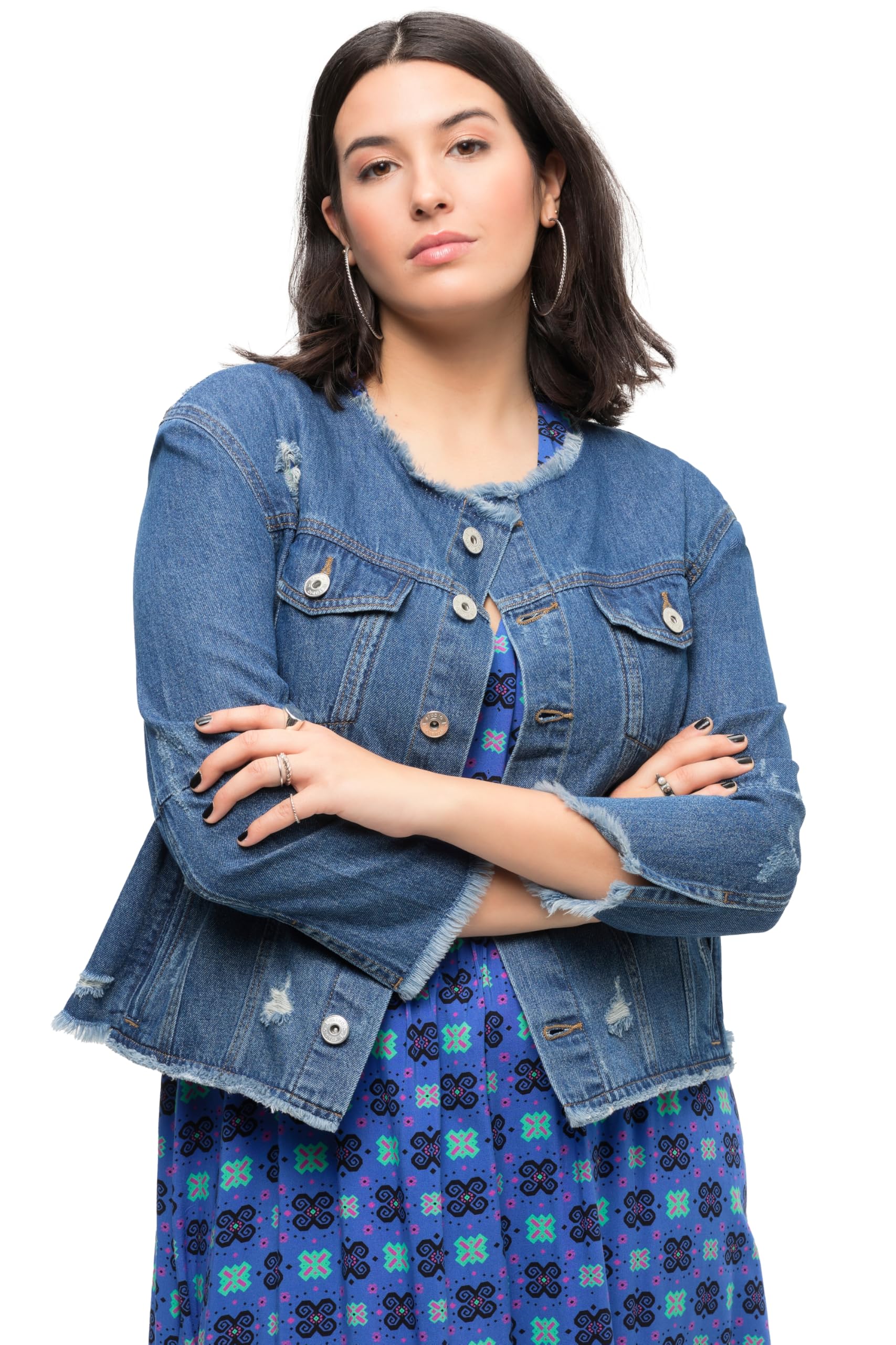 Studio Untold Damen große Größen Übergrößen Plus Size Jeansjacke, Regular Fit, Destroy-Effekte, Patches, Rundhals, Langarm 830249
