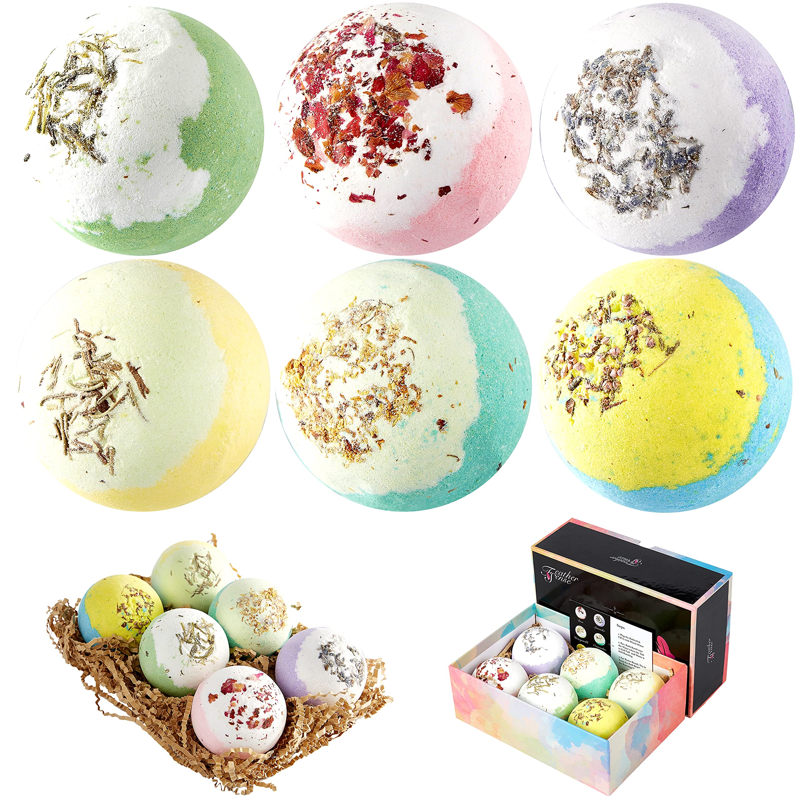 6 Large Natural Bath Bombs (6x110g), Handmade Bath Bombs Gift Set, Rich in Essential Oil, Fizzy Spa to Moisturize Dry Skin, with Natural Dry Flower, Gift idea for Women