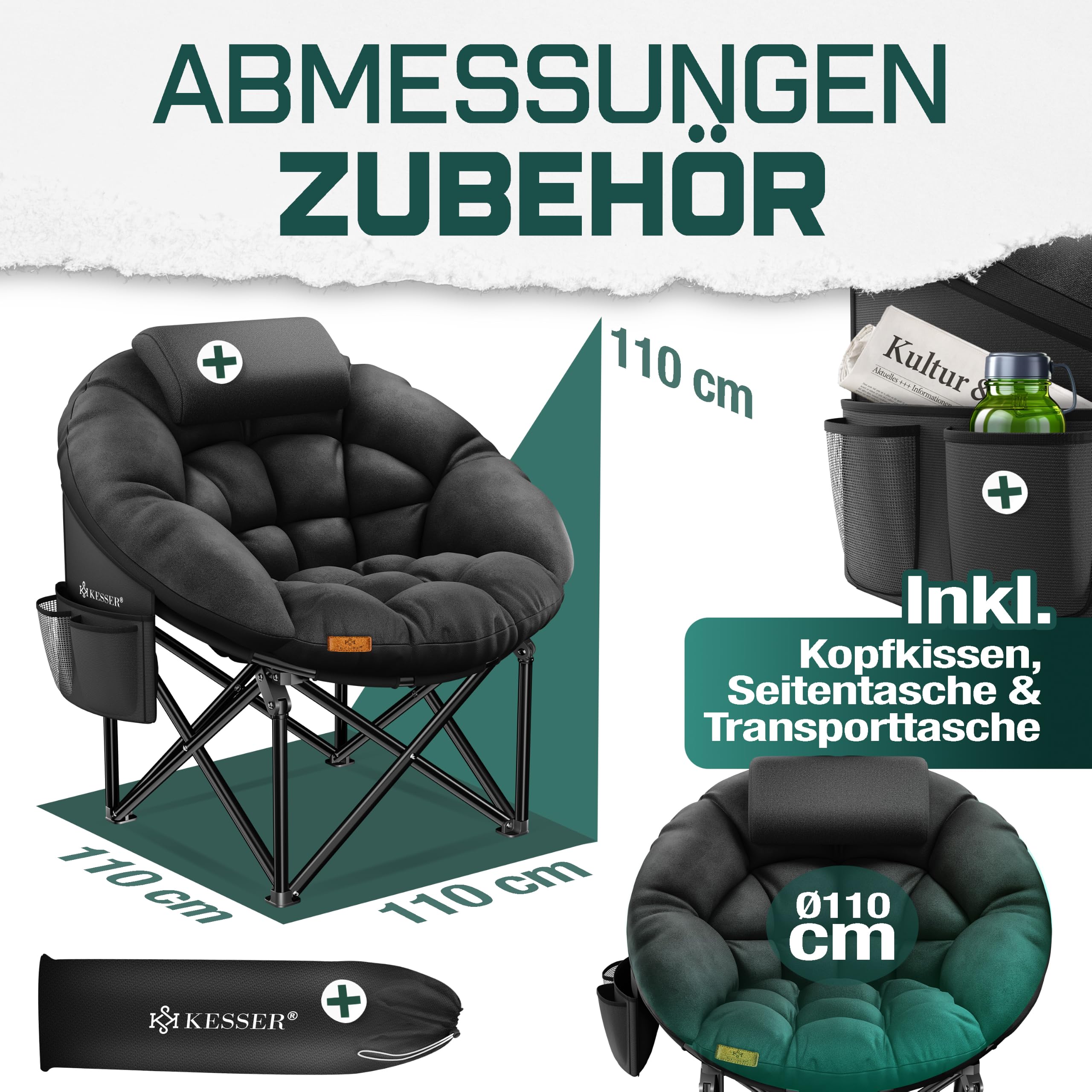 KESSER® Campingstuhl Chillexer faltbar 150 Kg Klappstuhl Ultraleicht und breit, Dickes Polster mit bequemen Kissen und Seitentasche, Cover, Outdoor + Indoor - rund, Camping, Angeln, Festival, Strand