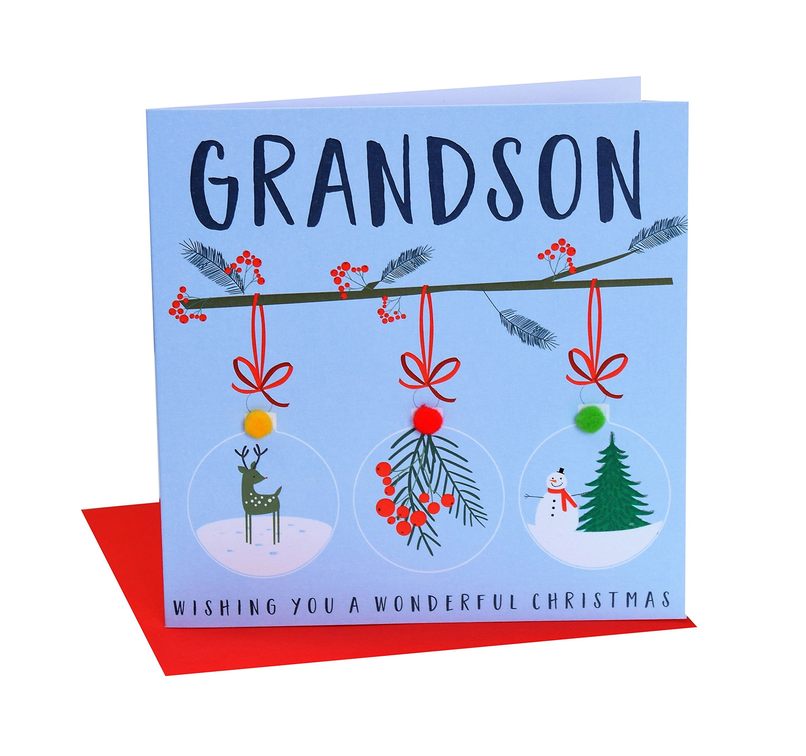 Claire Giles Greeting Cards, Happy Christmas Grandson Card, Three Baubles on a Branch Design Xmas Greeting Card, Embellished with Colourful Pompoms