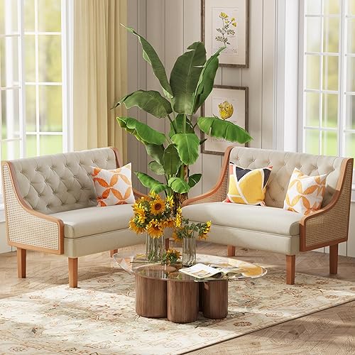 Miniatura 7 de Andeworld Banco de sofá biplaza con brazos de ratán natural, mini sofá tapizado moderno, banco de comedor de banqueta, asiento de amor para sala de