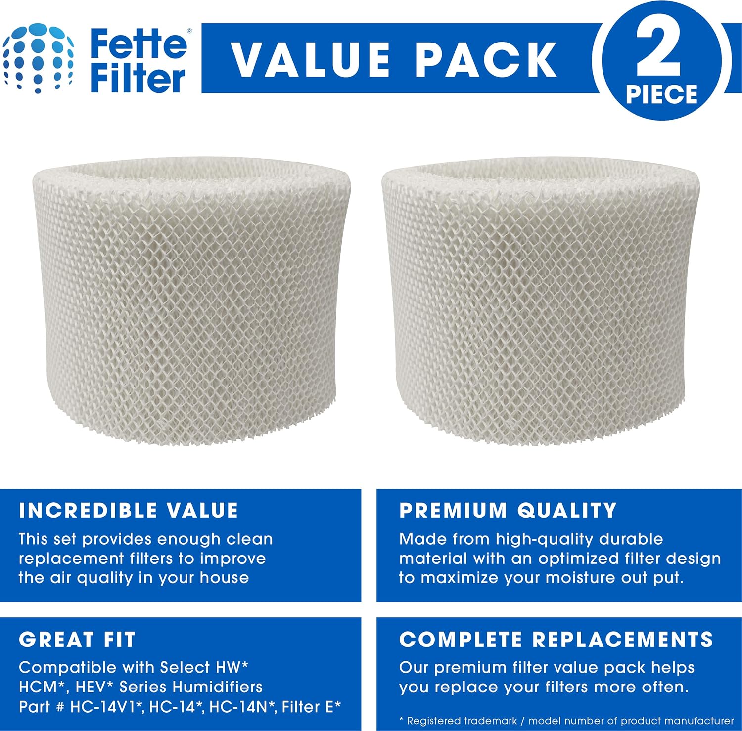 Fette Filter - Premium Material Humidifier Wicking Filters Compatible with Honeywell HC-14 Replacement Humidifier Filter E HC-14V1, HC-14, HC-14N. (Pack of 2)