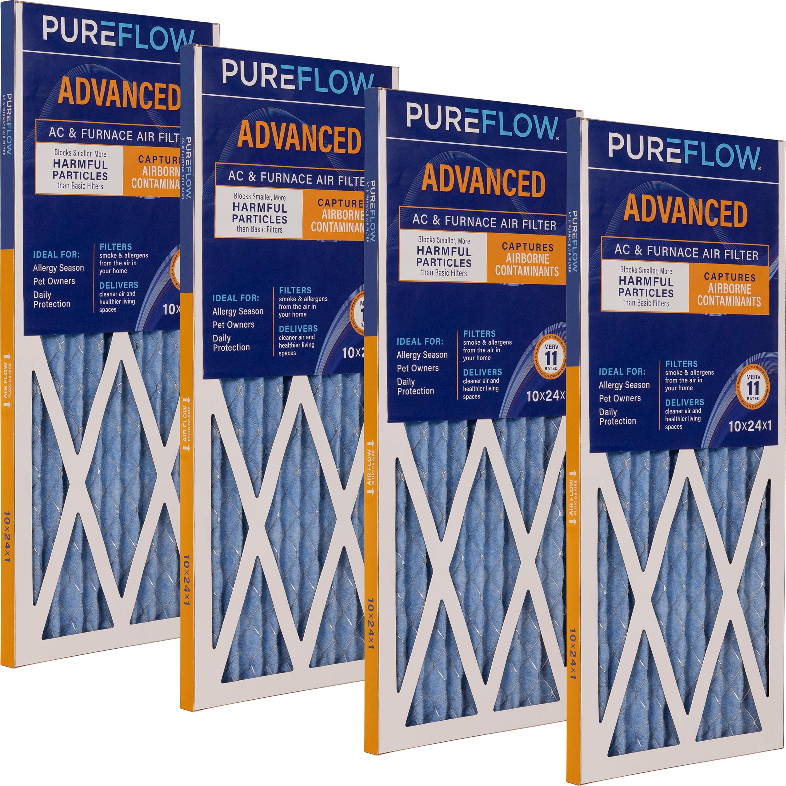 PUREFLOW Home Air Filter MERV 11, 10x24x1 Furnace Filter, 4 Layer High Efficiency Filtration for Dust, Smoke, Fumes, Pollutants (4-Pack)